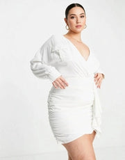Womens Club L London Plus Shirt Dress With Frill Ruched Skirt Detail In White