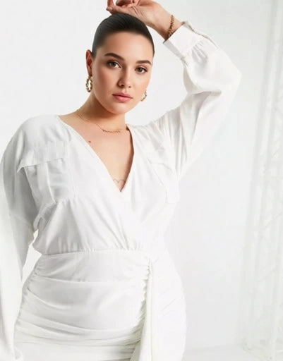 Womens Club L London Plus Shirt Dress With Frill Ruched Skirt Detail In White