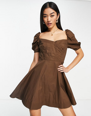 Bardot Womens Corset Detail Puff Sleeve Mini Dress in Chocolate Brown