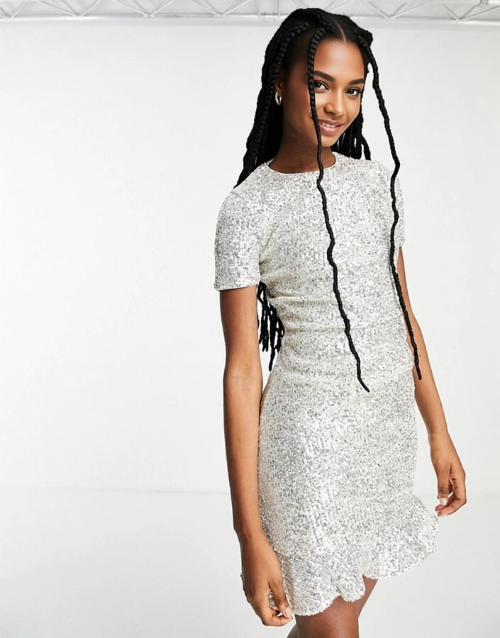 Forever New Women's Cap Sleeve Frill Hem Sequin Mini Dress In Silver