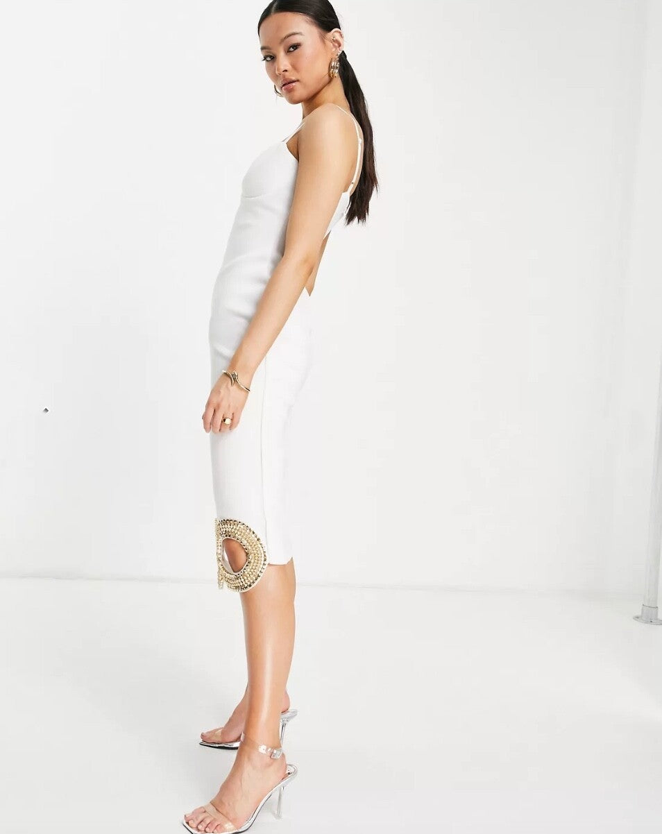 Starry Eyed embellished cami strap cut out hem midi dress in ecru