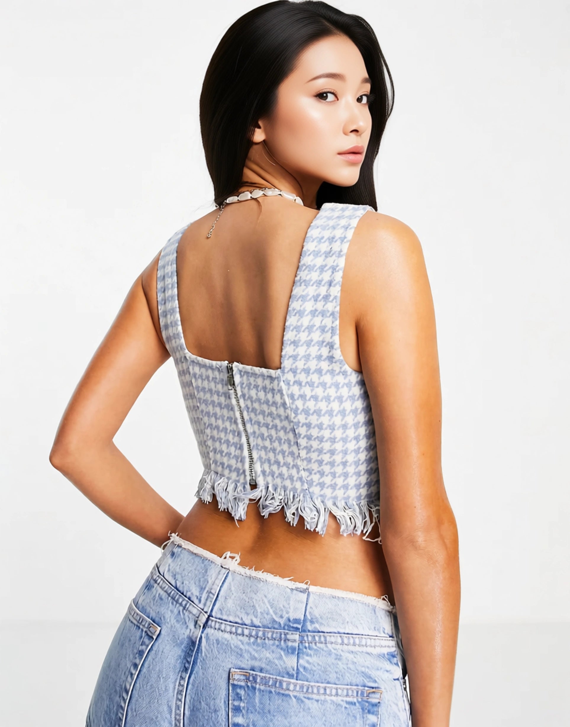 Womens Missguided Co-Ord Frill Hem Houndstooth Bralet In Blue