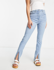 Parisian Tall Womens Front Split Flared Jeans in Light Blue In Blue