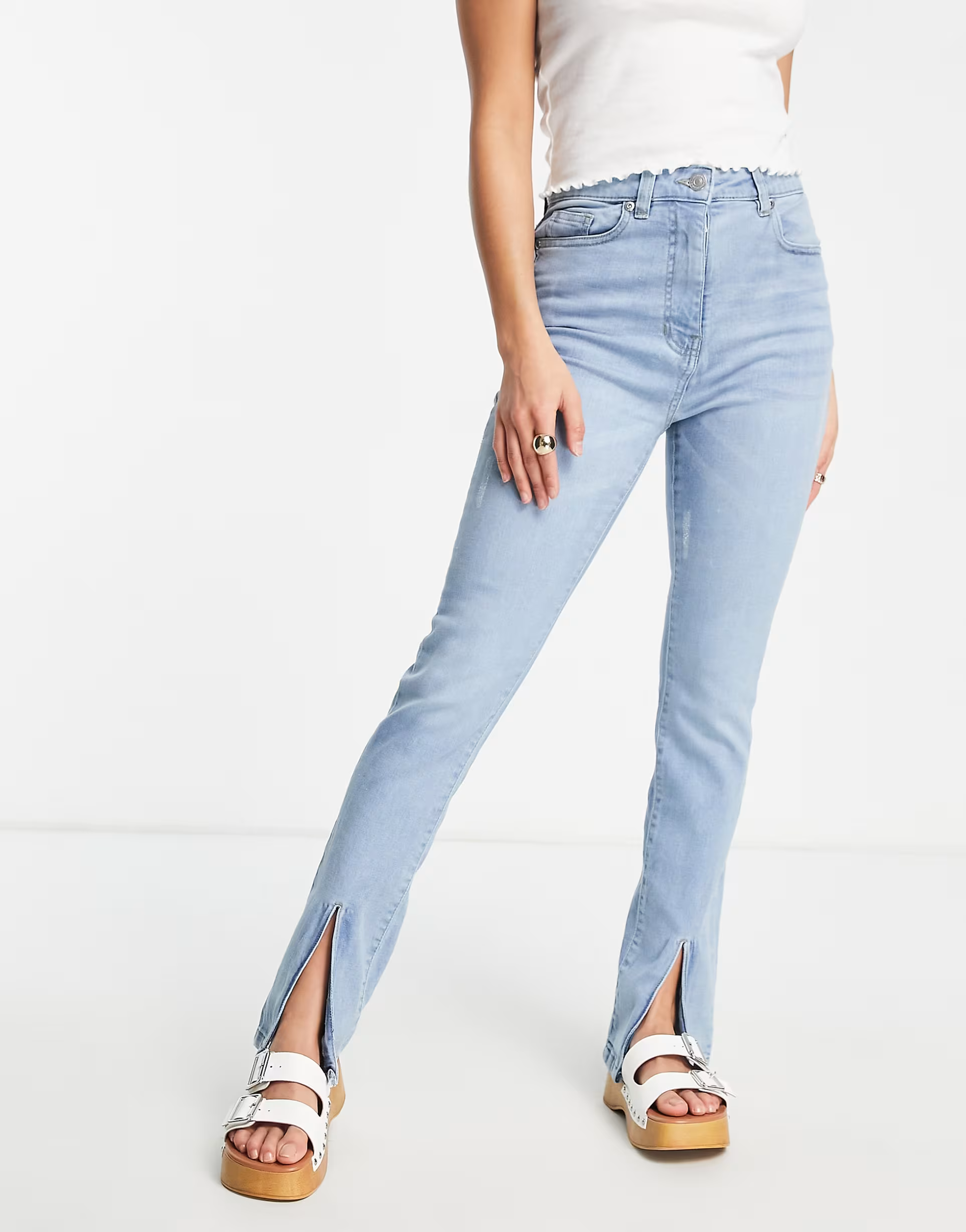 Parisian Tall Womens Front Split Flared Jeans in Light Blue In Blue