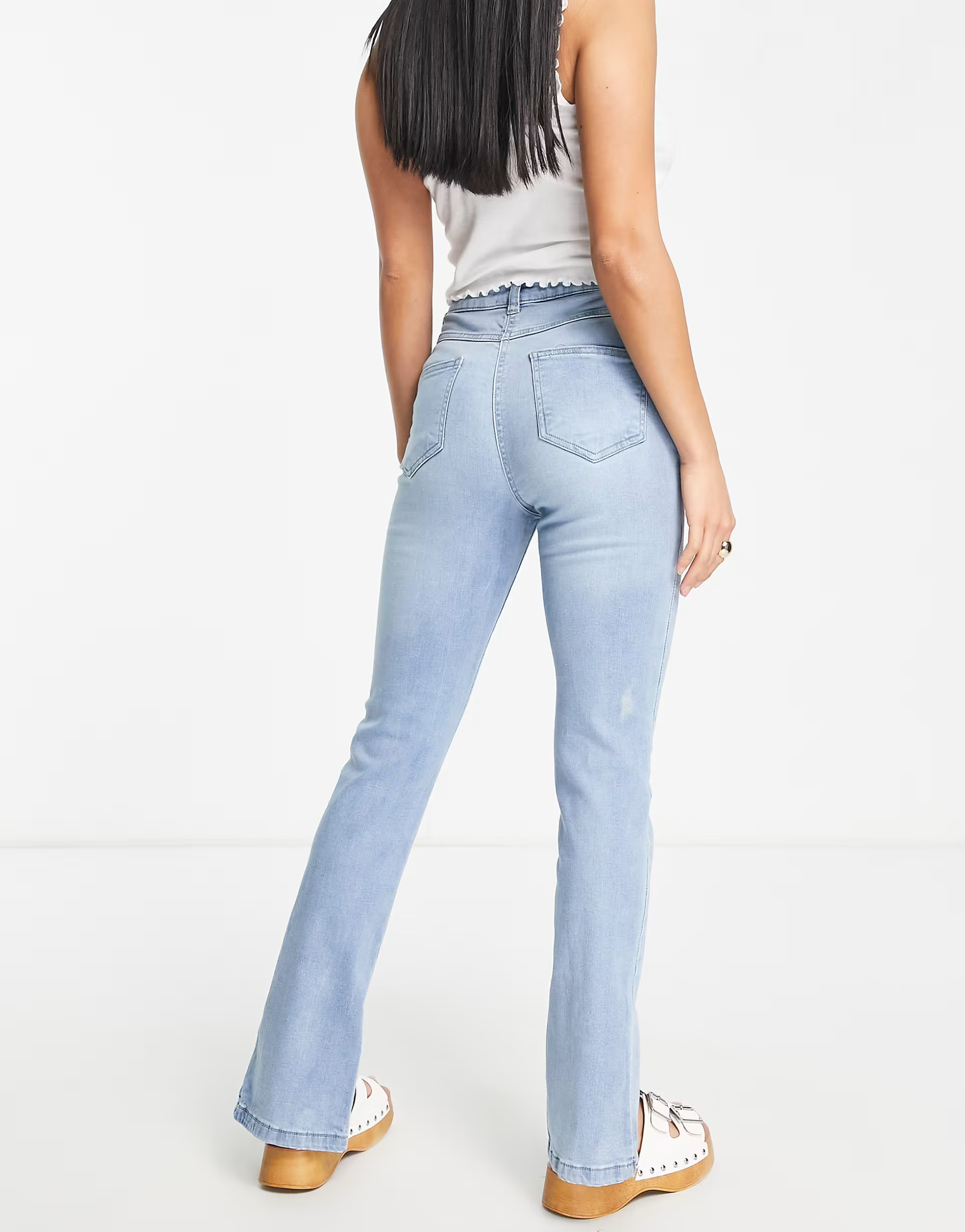 Parisian Tall Womens Front Split Flared Jeans in Light Blue In Blue