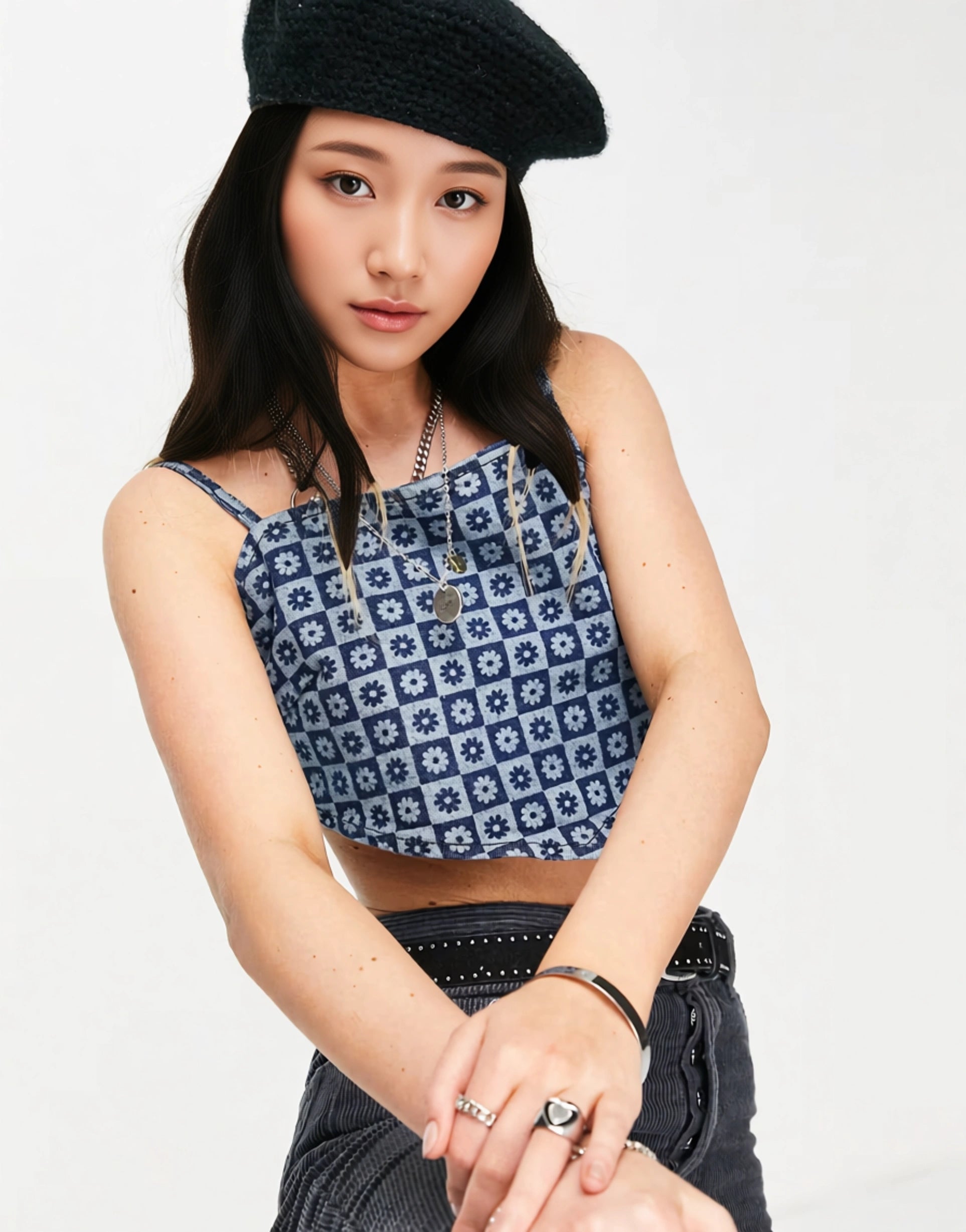 Womens Violet Romance 90S Cami Strap Floral Print Denim Top Co-Ord