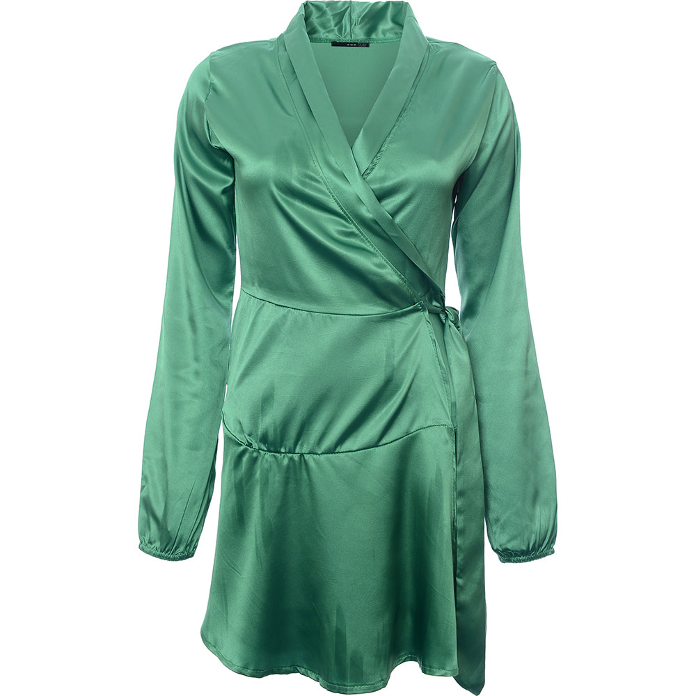 Tfnc Women's Emerald Green Satin Wrap Midi Dress