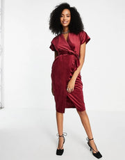 Womens Closet London Kimono Sleeve Velvet Midi Dress With Wrap Tie In Wine Red