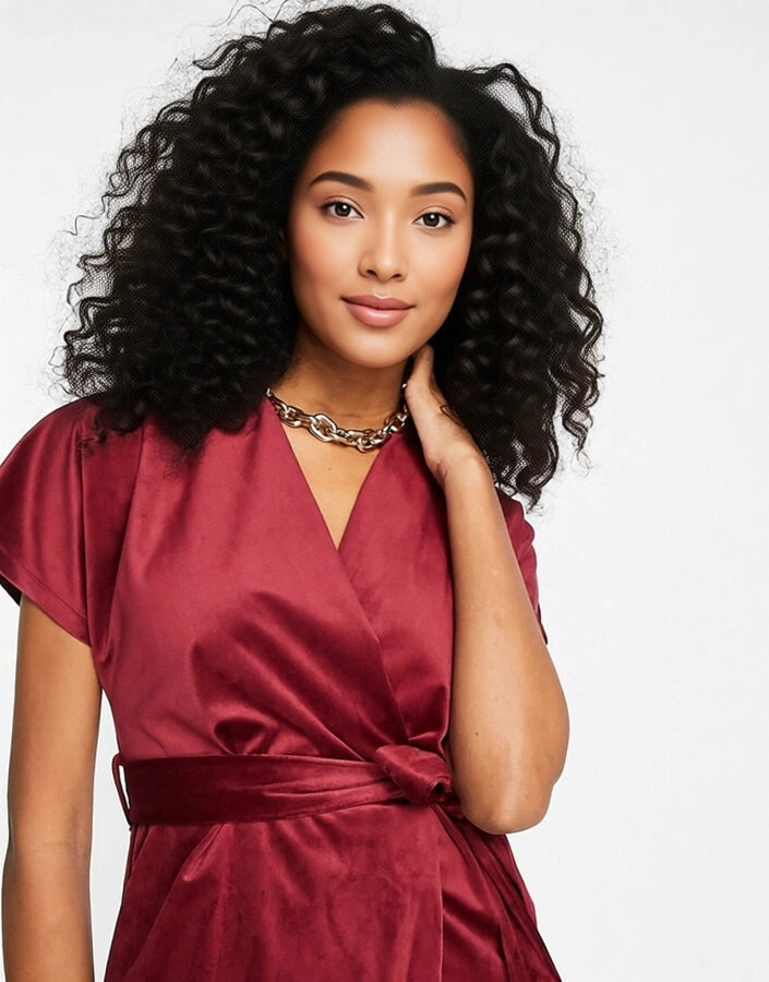 Womens Closet London Kimono Sleeve Velvet Midi Dress With Wrap Tie In Wine Red