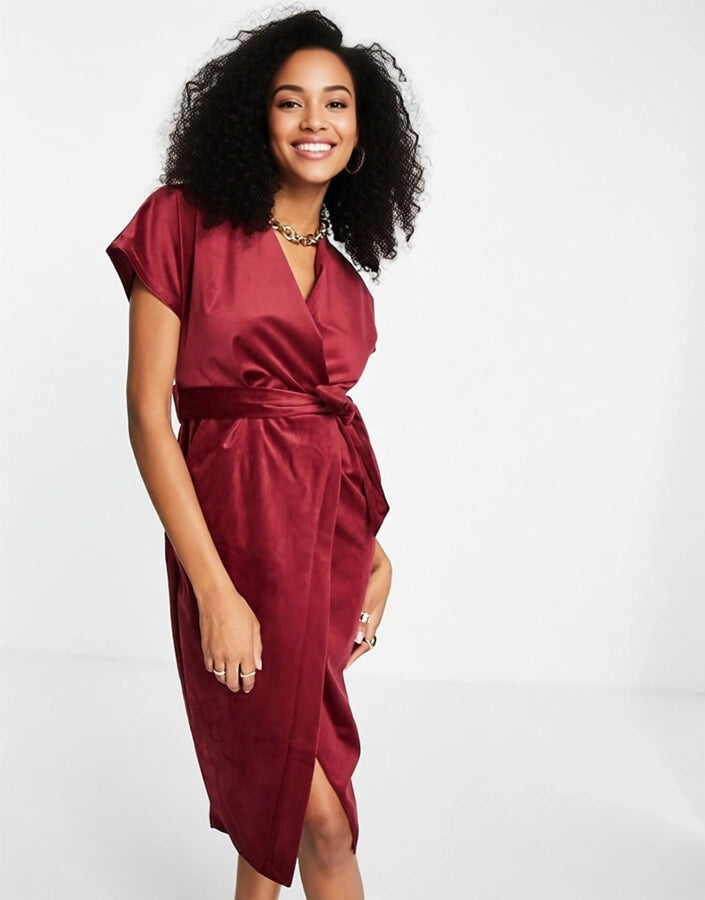 Womens Closet London Kimono Sleeve Velvet Midi Dress With Wrap Tie In Wine Red