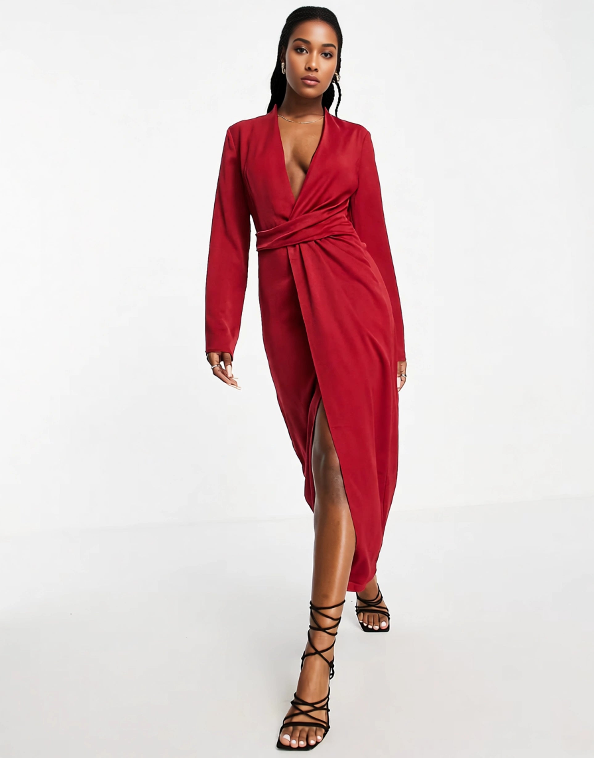 Womens Aria Cove Satin Plunge Front Maxi Dress With Thigh Split In Wine Red