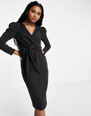 Little Mistress Womens Puff Shoulder Tie Front Detail Midi Dress In Black