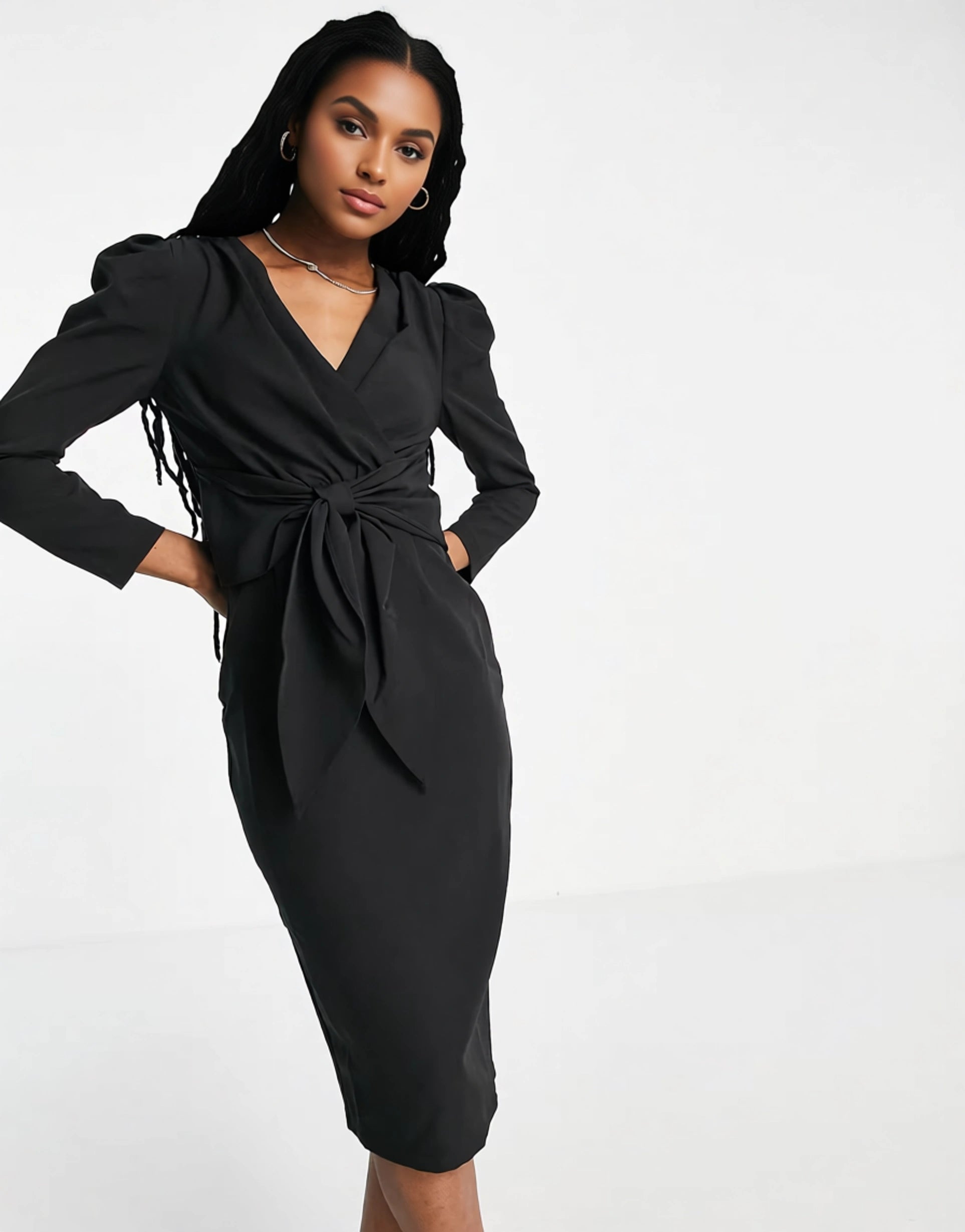 Little Mistress Womens Puff Shoulder Tie Front Detail Midi Dress In Black