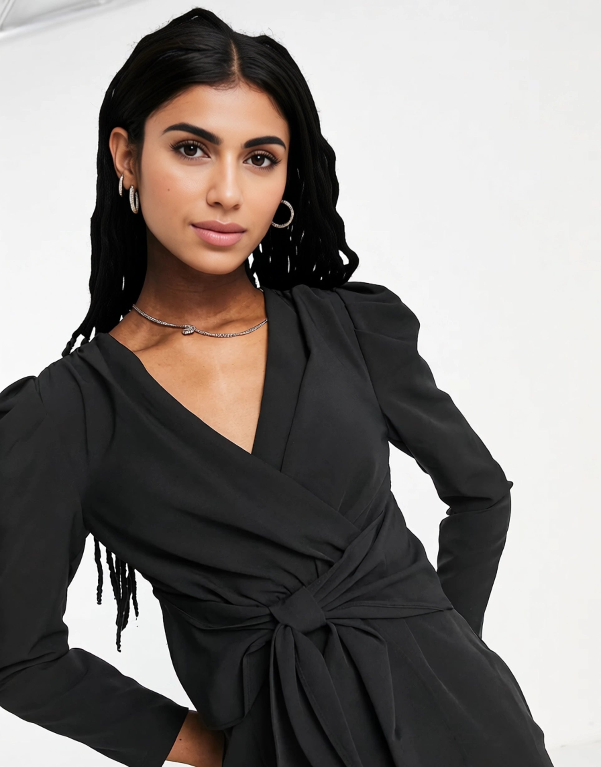 Little Mistress Womens Puff Shoulder Tie Front Detail Midi Dress In Black