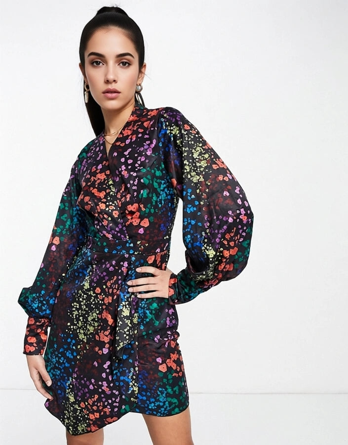 Little Mistress Womens Colour Pop Printed Satin Wrap Dress In Multi