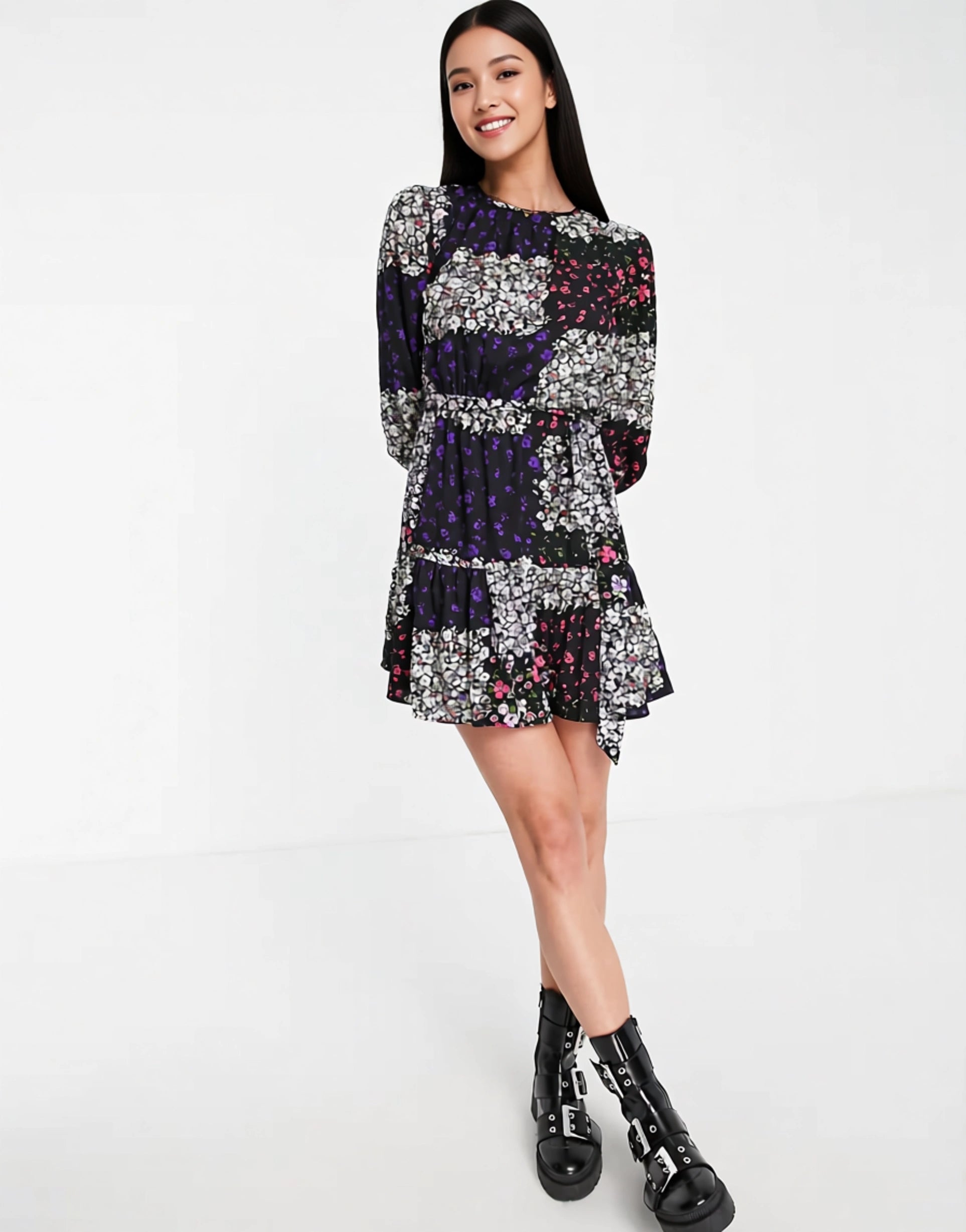 Violet Romance Tall Womens Tie Waist Mini Dress in Patchwork Floral Print