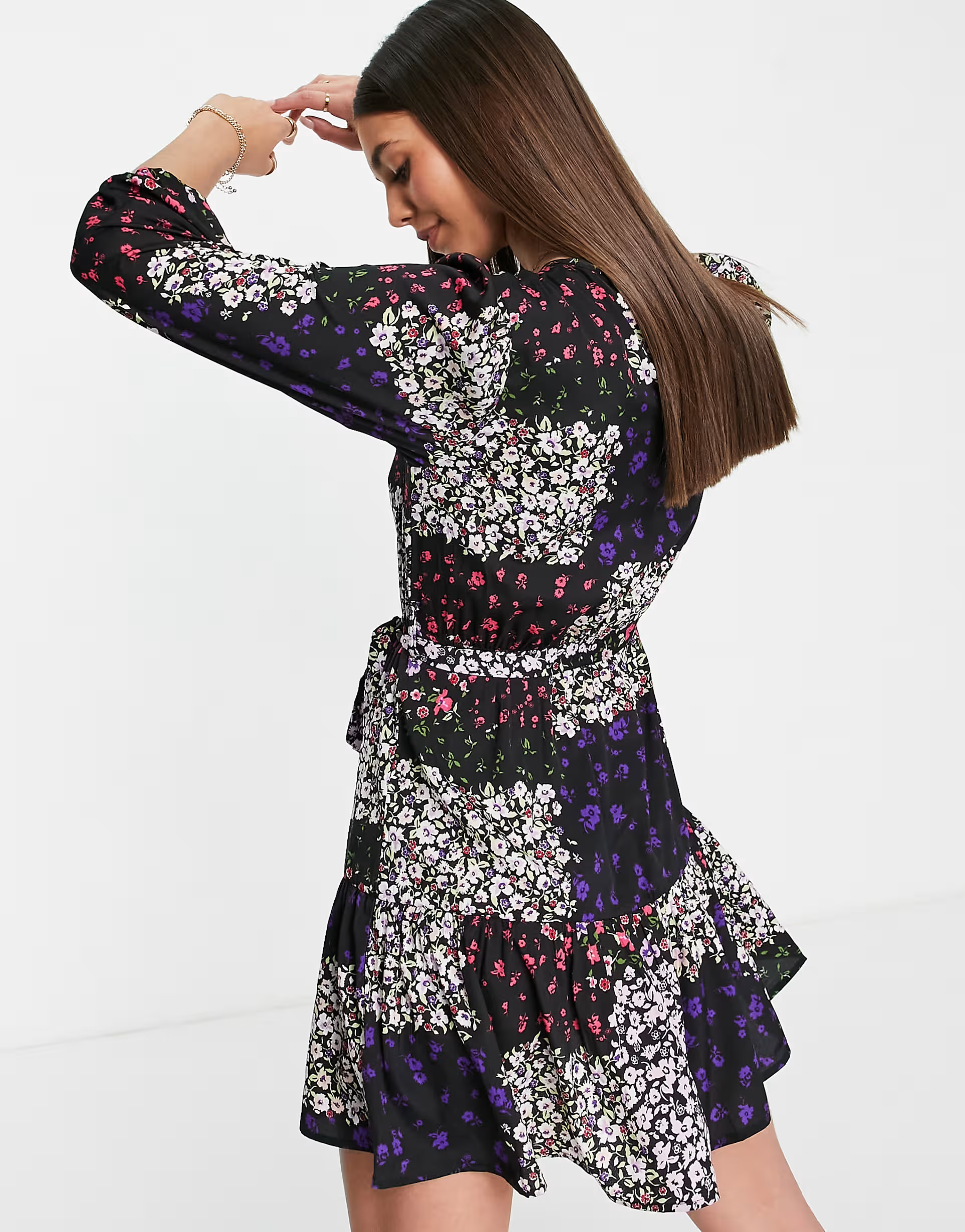 Violet Romance Tall Womens Tie Waist Mini Dress in Patchwork Floral Print