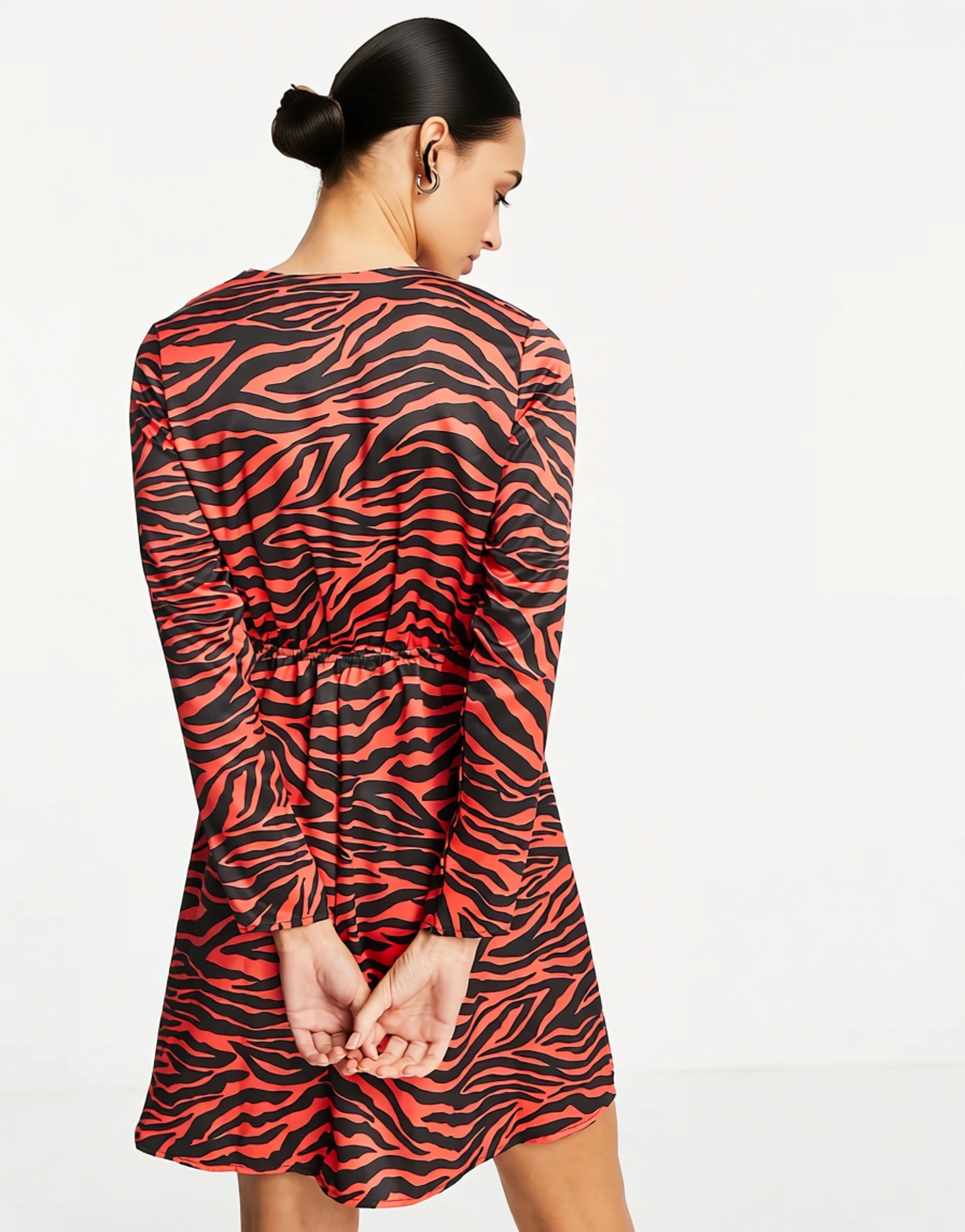 Flounce London Women's Satin Wrap Front Mini Dress in Red Zebra Print In Red