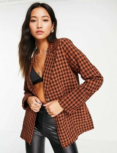 Womens Heartbreak Tie Waist Blazer Co-Ord In Rust Check