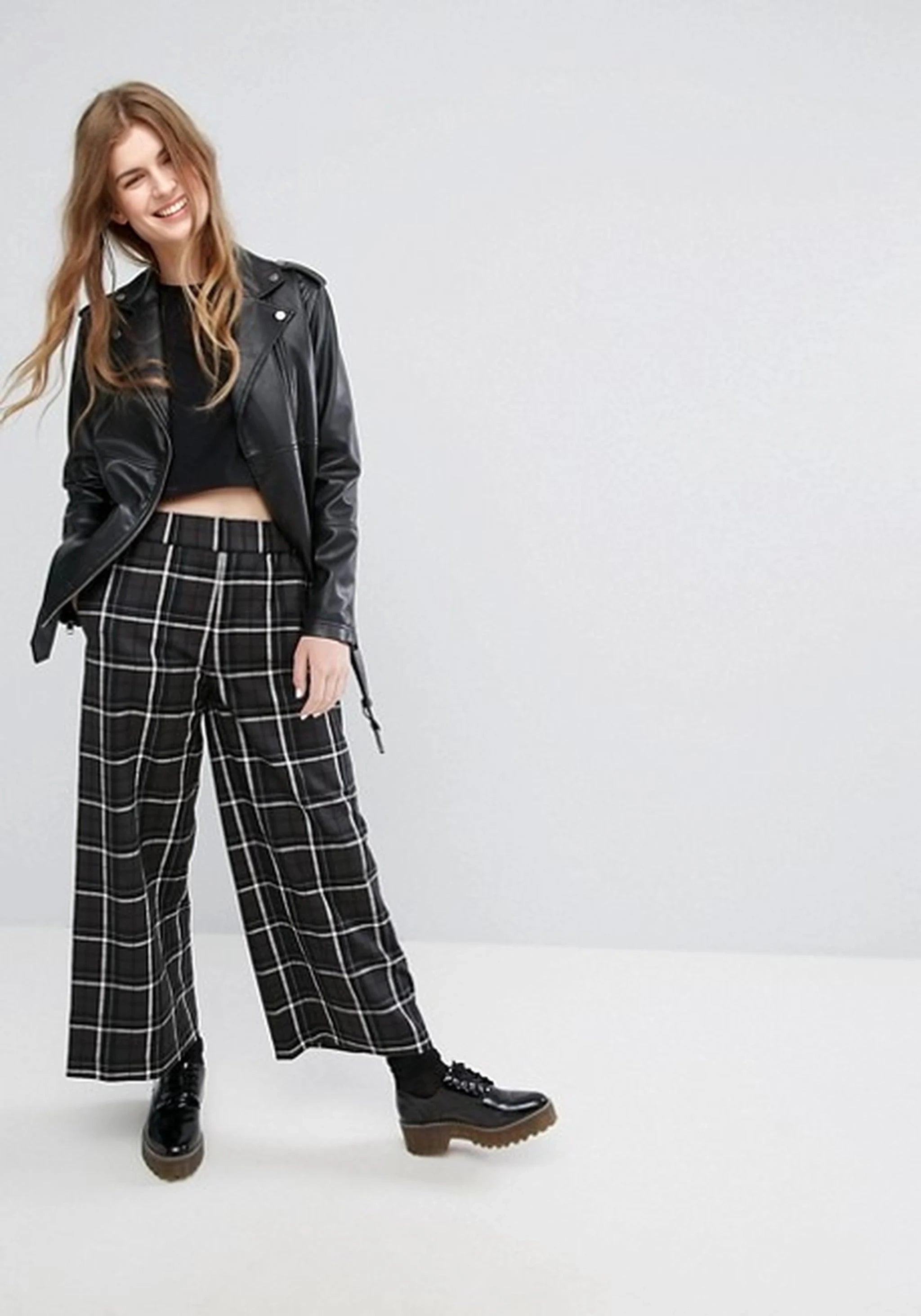 Womens Monki Wide Leg Checked Trousers
