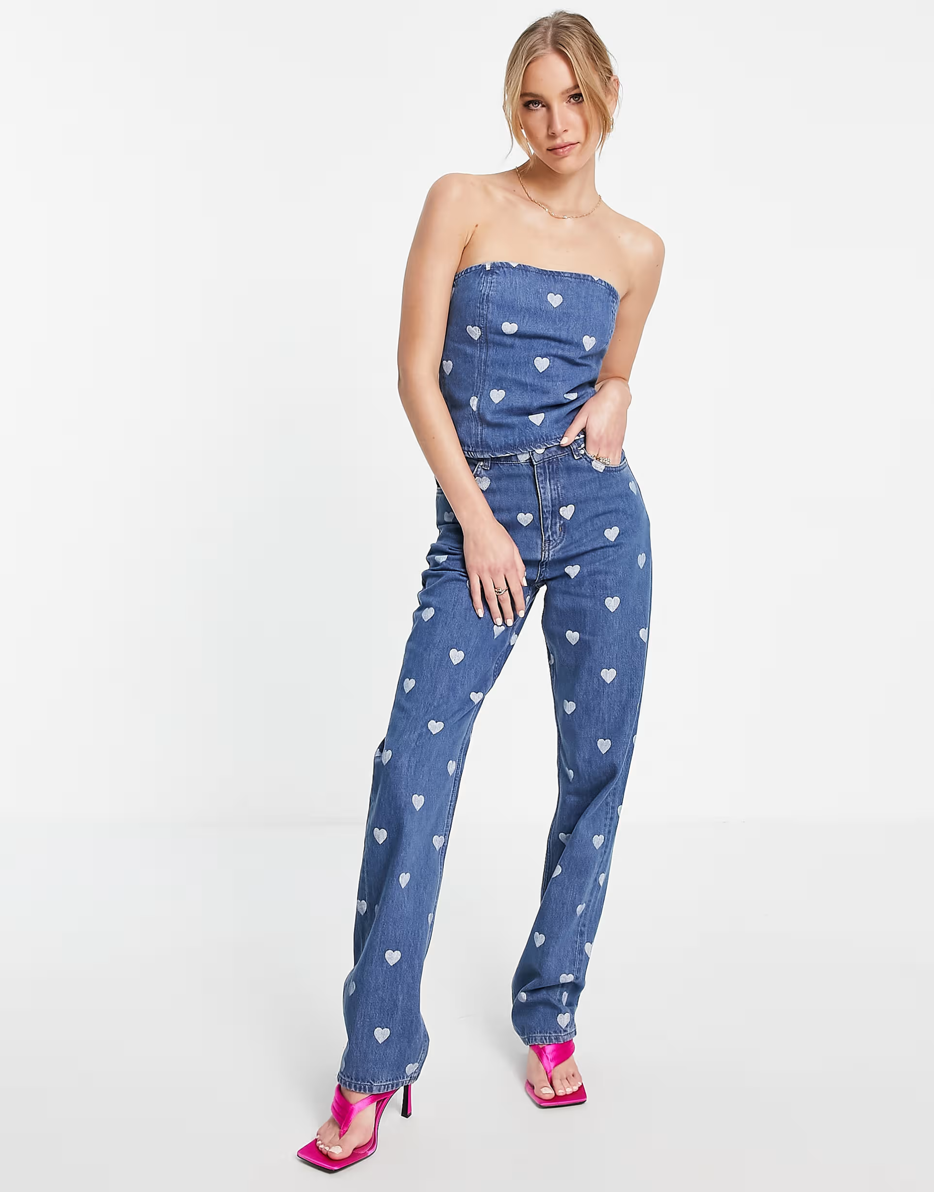 Envii heart printed corset top co-ord in blue denim