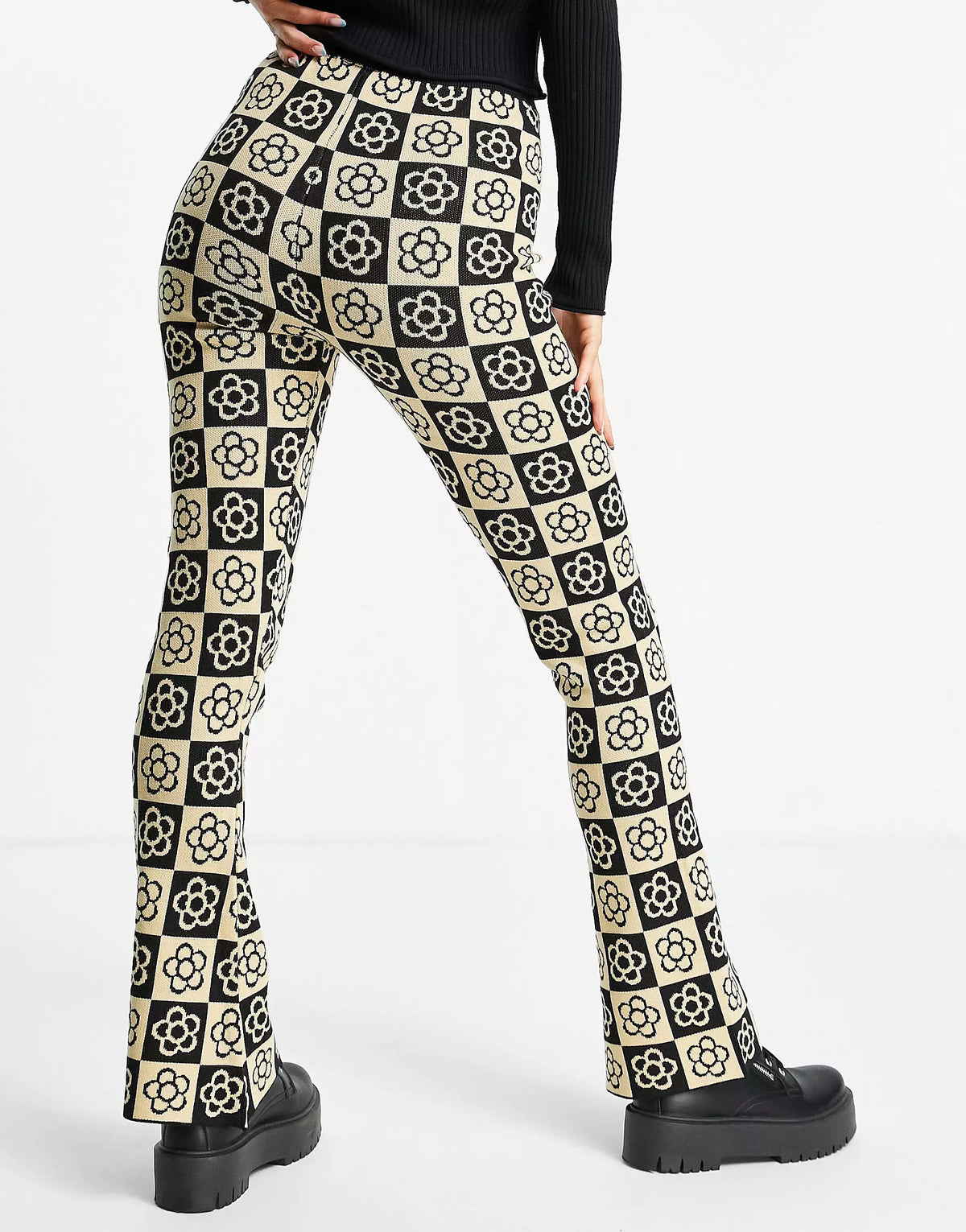 Daisy Street Relaxed Flared Knit Trousers in Floral Checkerboard