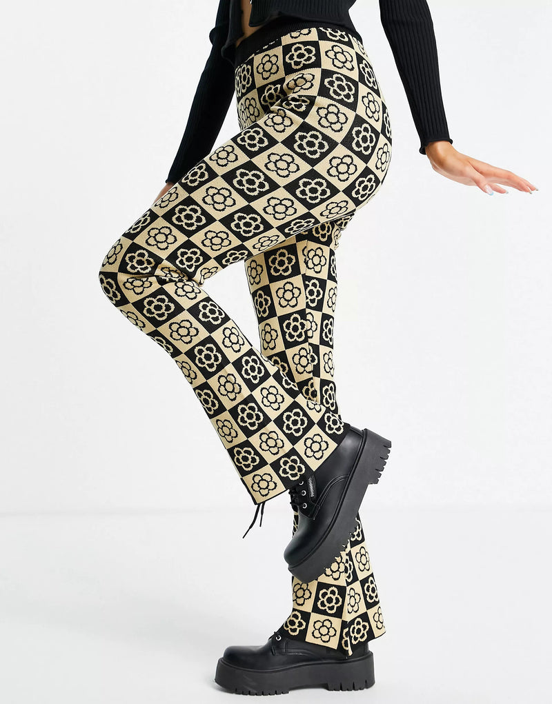 Daisy Street Relaxed Flared Knit Trousers in Floral Checkerboard
