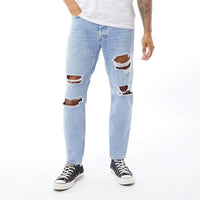 Mens Jack & Jones Intelligence Mike Straight Jeans with Rips in Light Blue