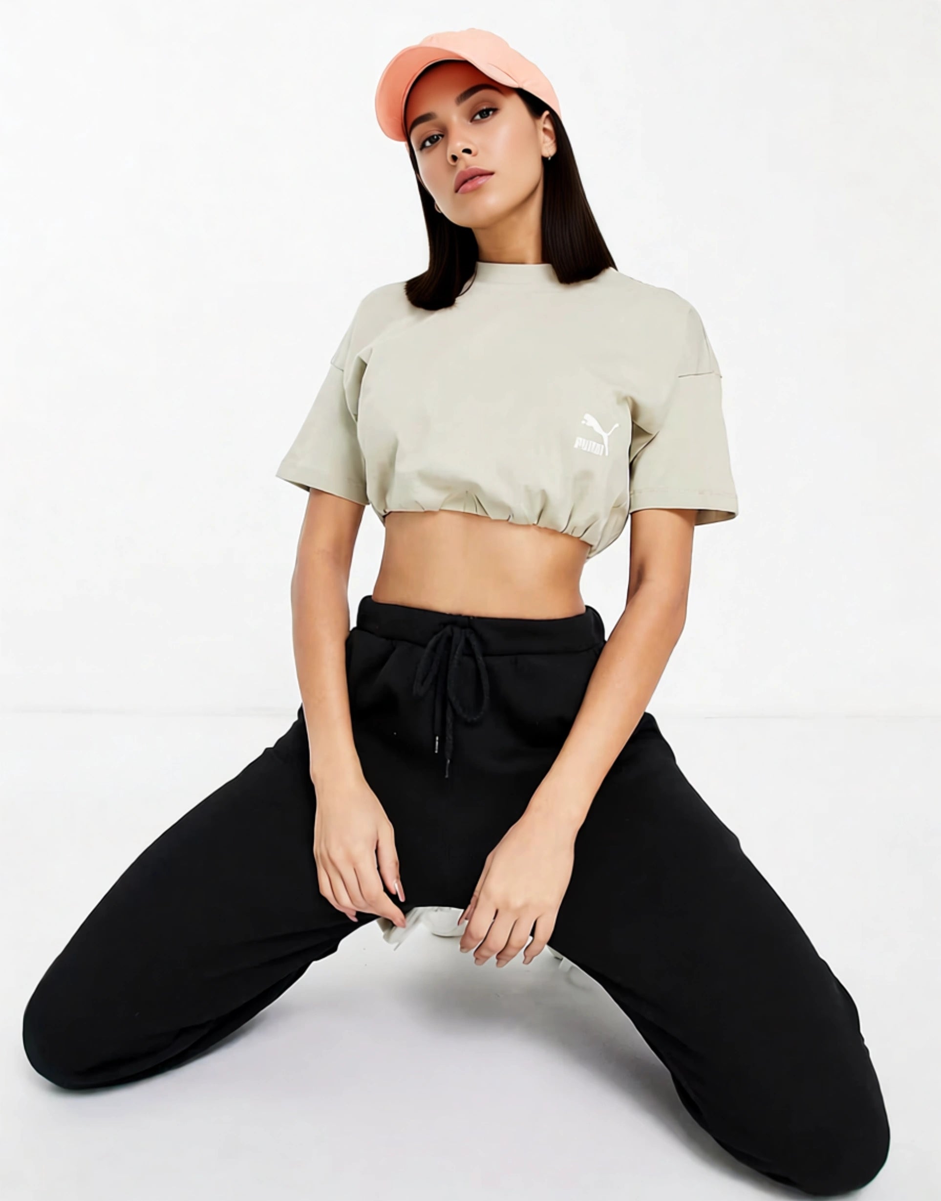 Puma Womens Classics Roll Up Crop T-Shirt in Beige