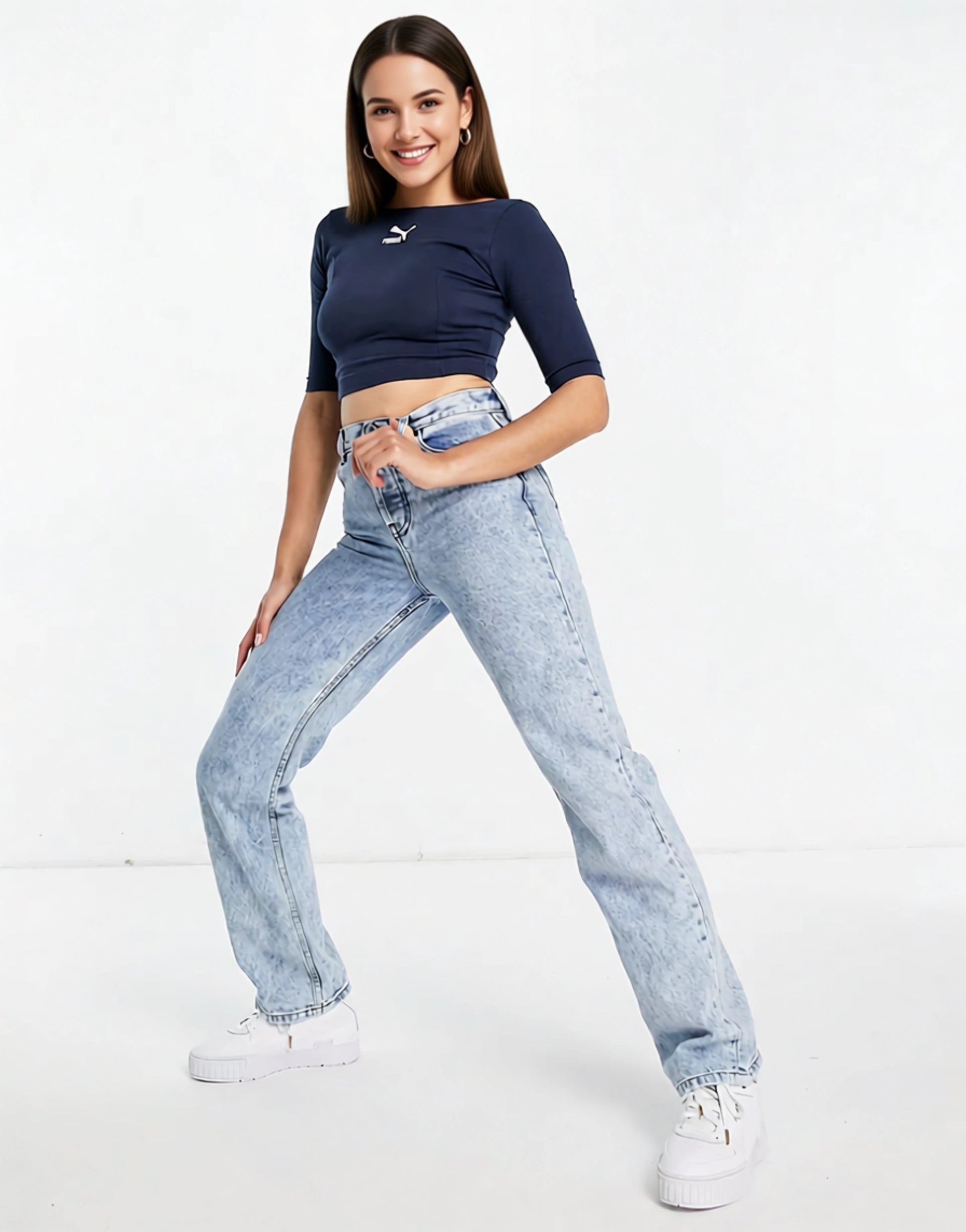 Puma Womens Classics Short Sleeve Crop Top in Dark Blue