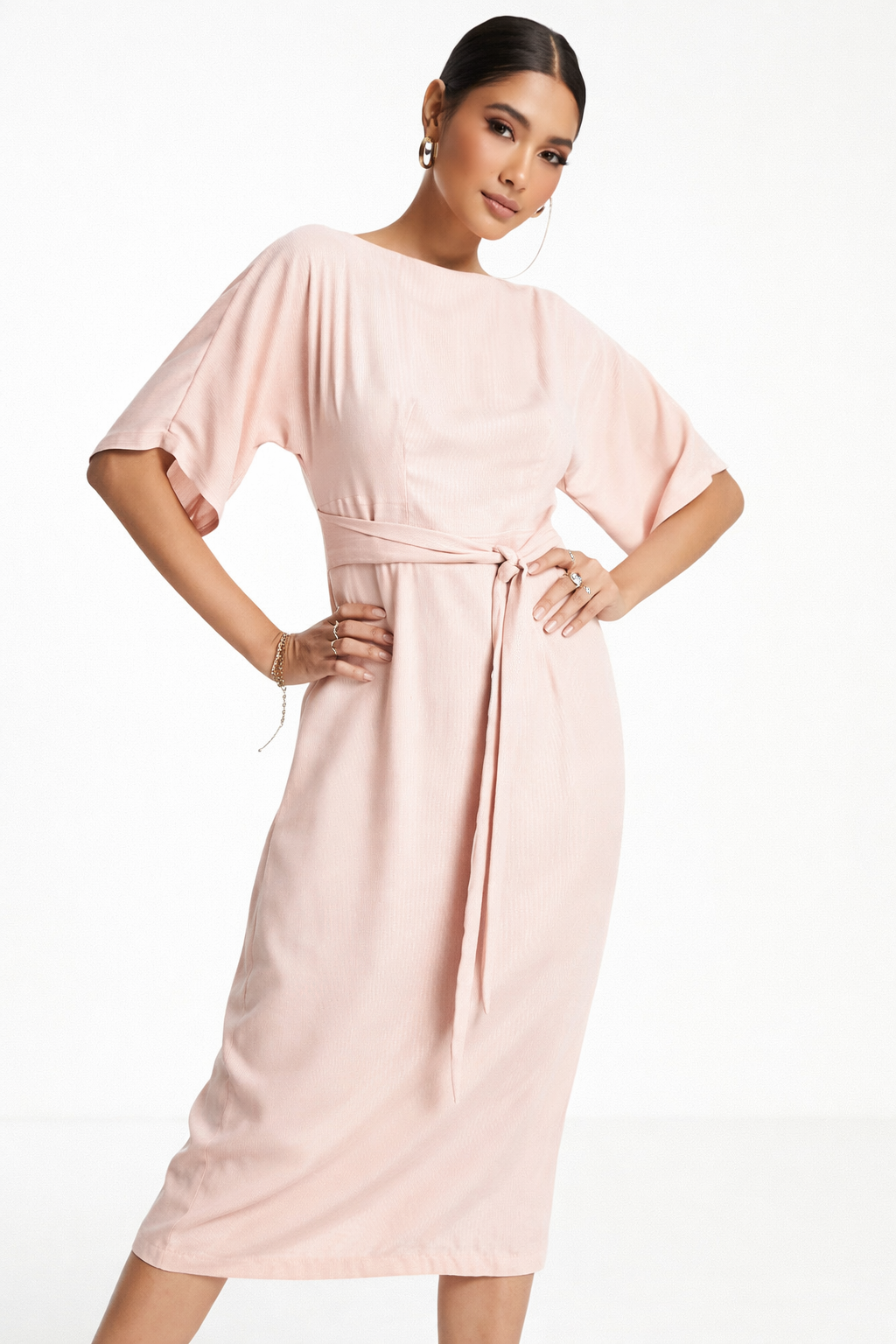 Closet London metallic stripe pencil midi dress in stone