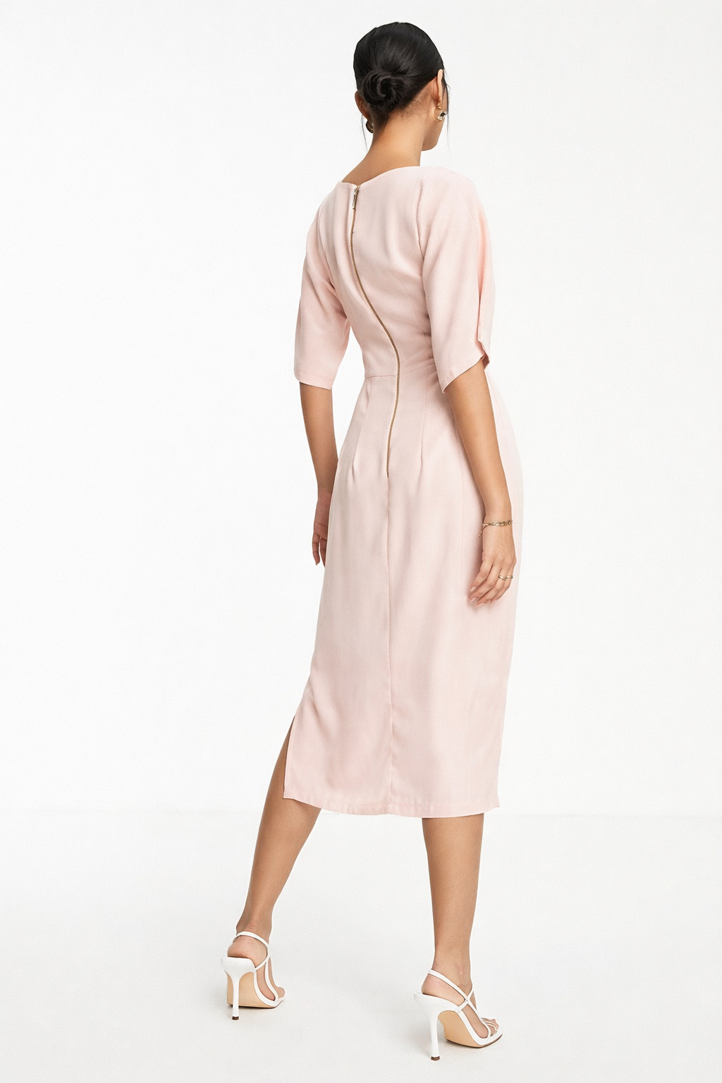 Closet London metallic stripe pencil midi dress in stone