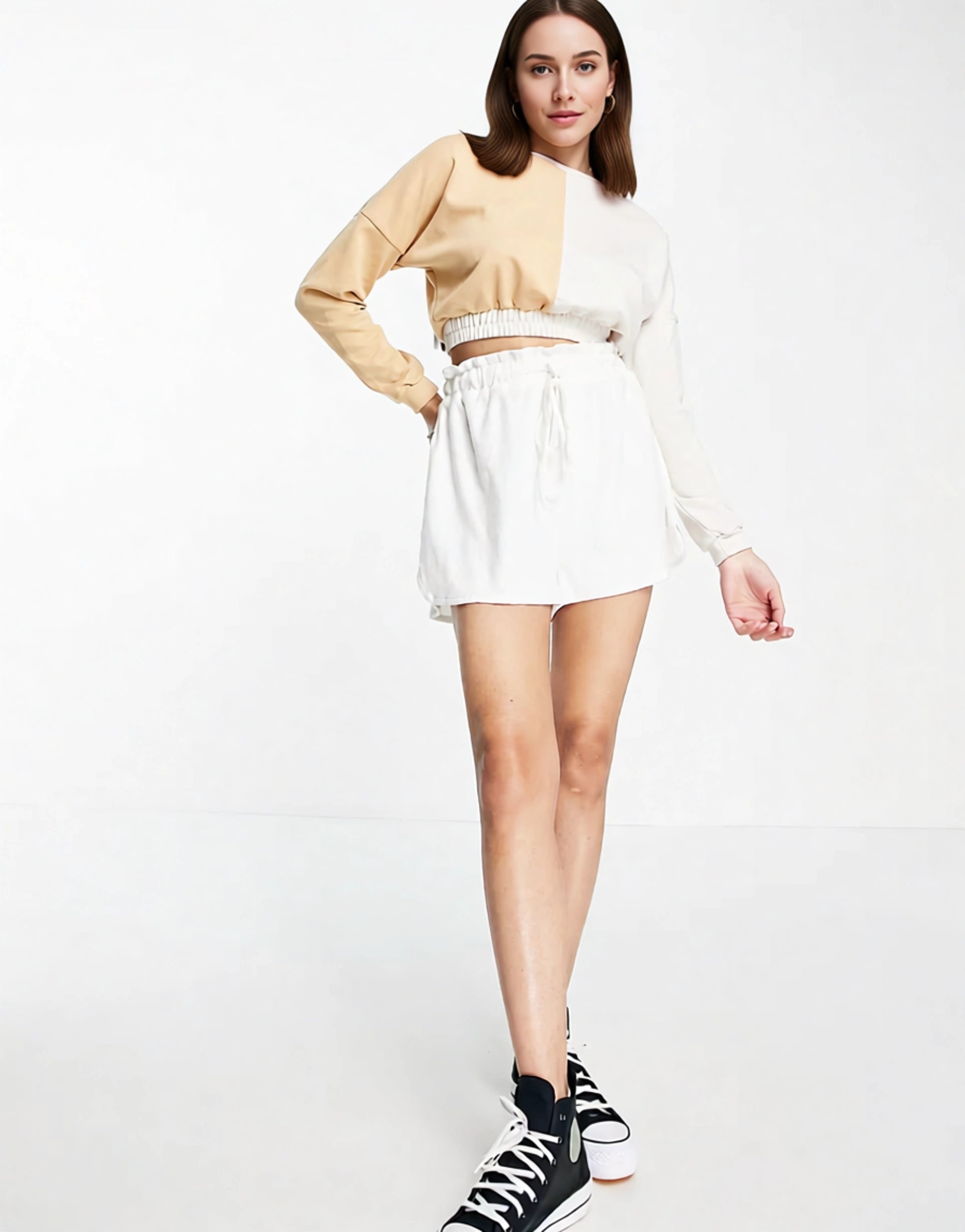 South Beach Womens Spliced Crop Boxy Sweatshirt in Sand