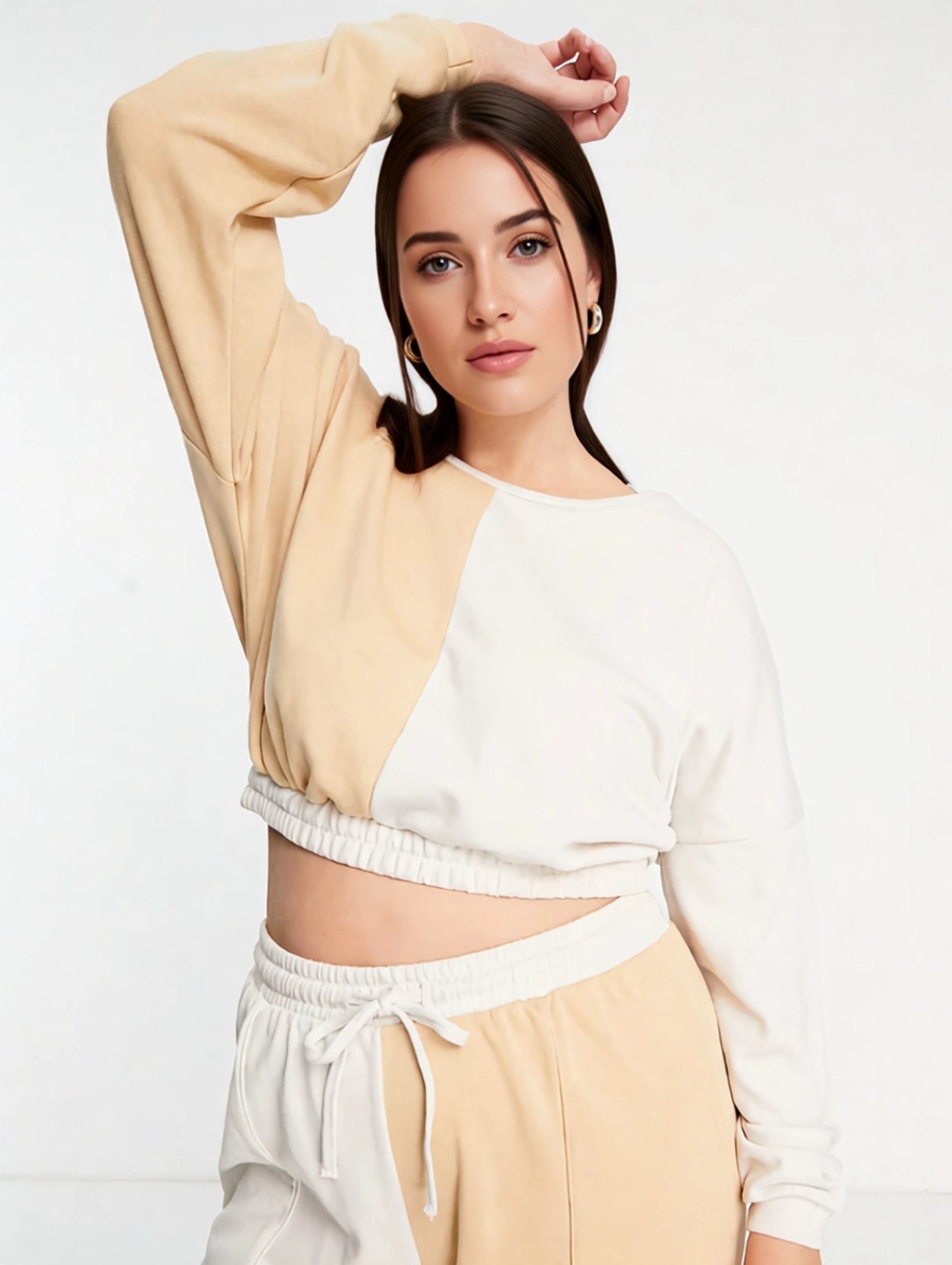 South Beach Womens Plus Spliced Crop Boxy Sweatshirt in Sand In Neutral
