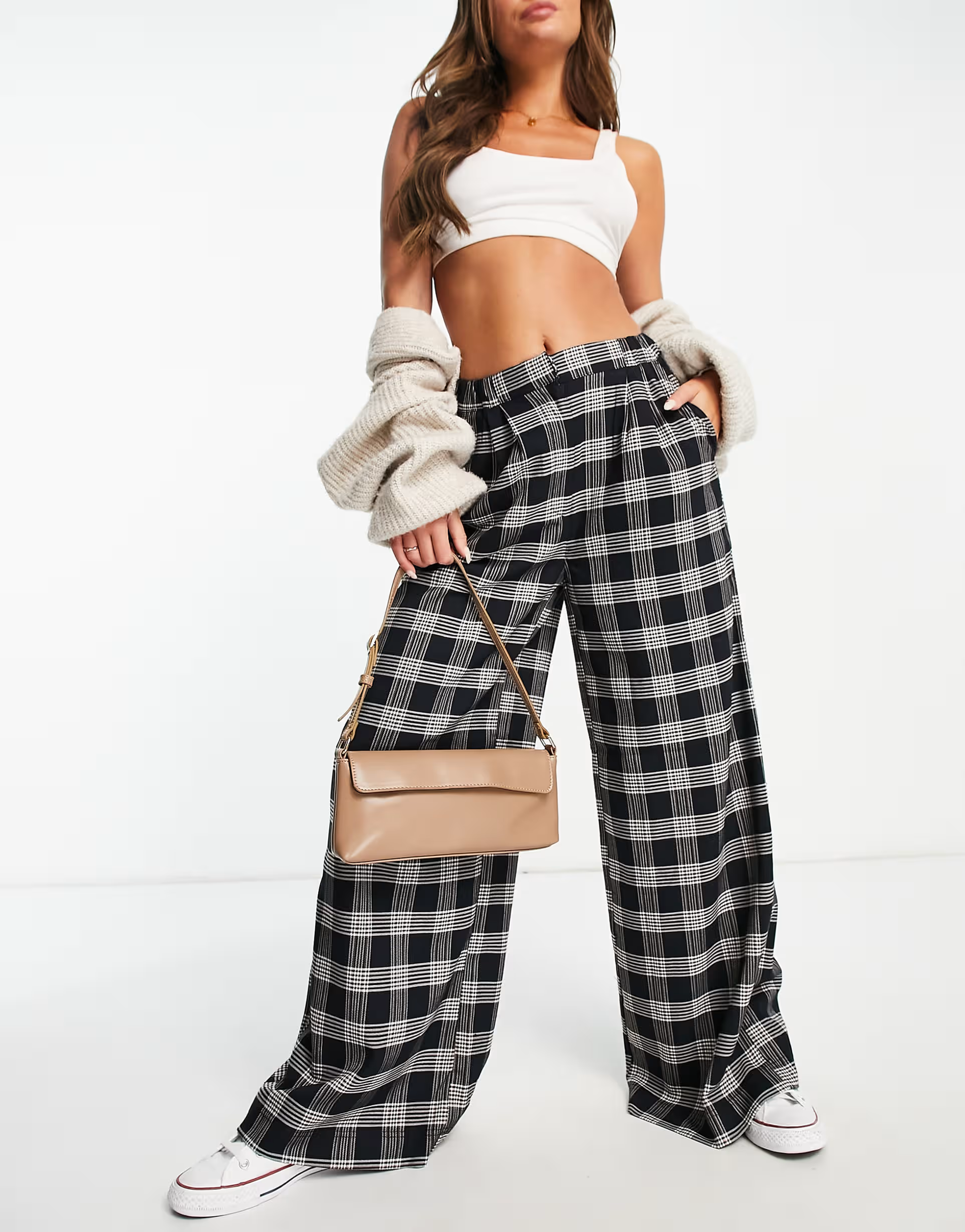 Pimkie Womens Wide Leg Trousers in Black Check In Black