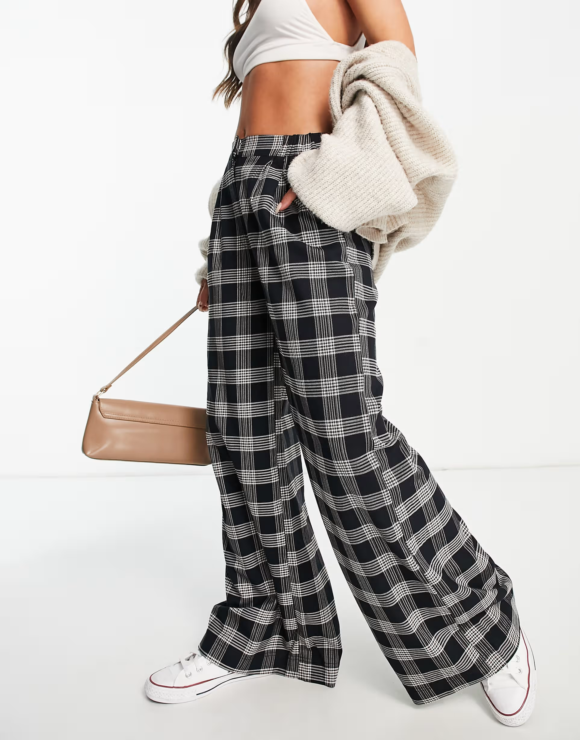 Pimkie Womens Wide Leg Trousers in Black Check In Black