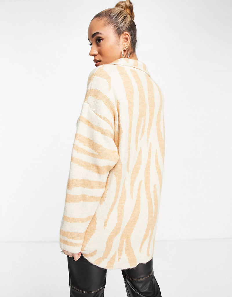 Mango Longline Wool Shacket In Neutral Tan Zebra Print