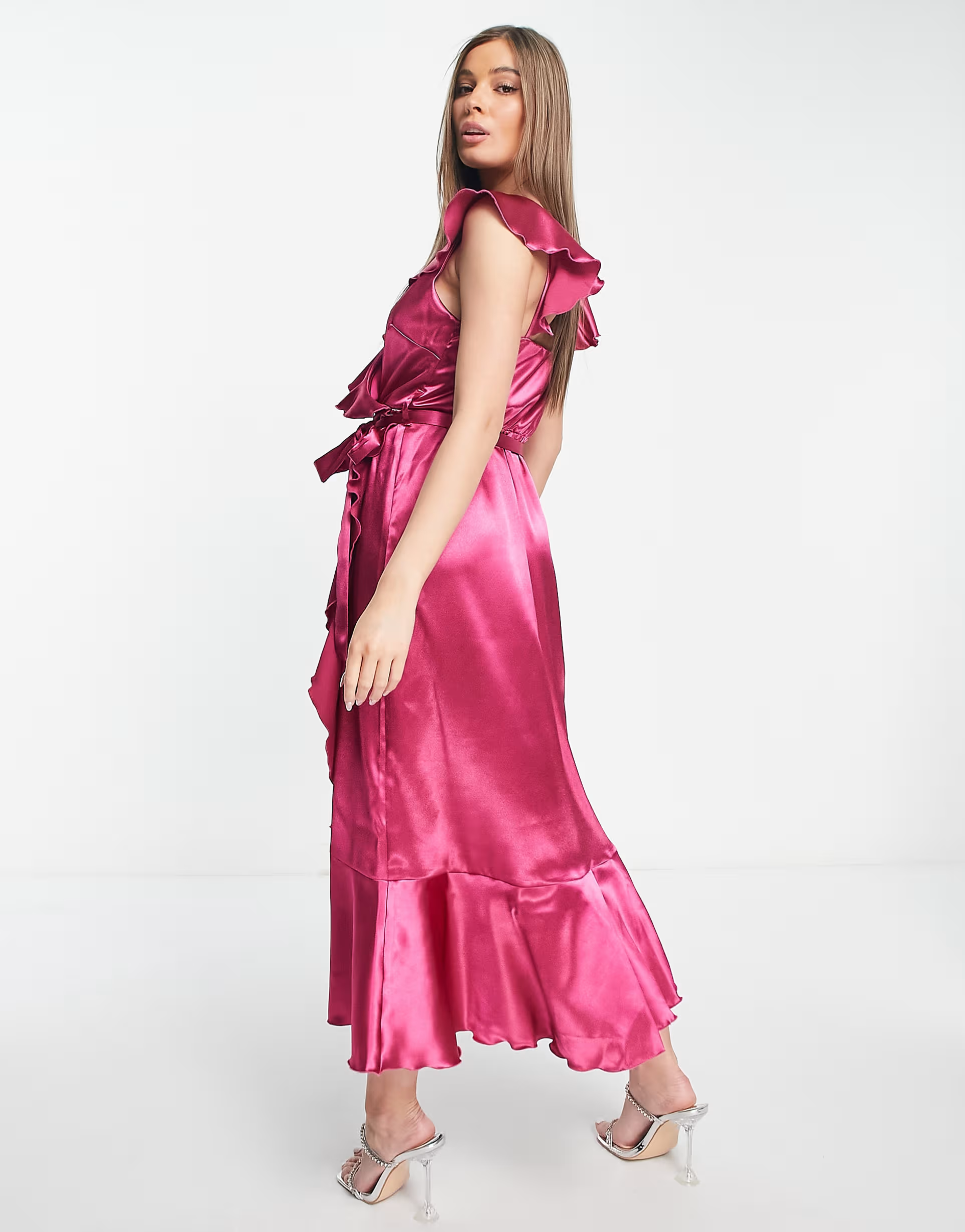 Little Mistress frill wrap dress in fuchsia pink