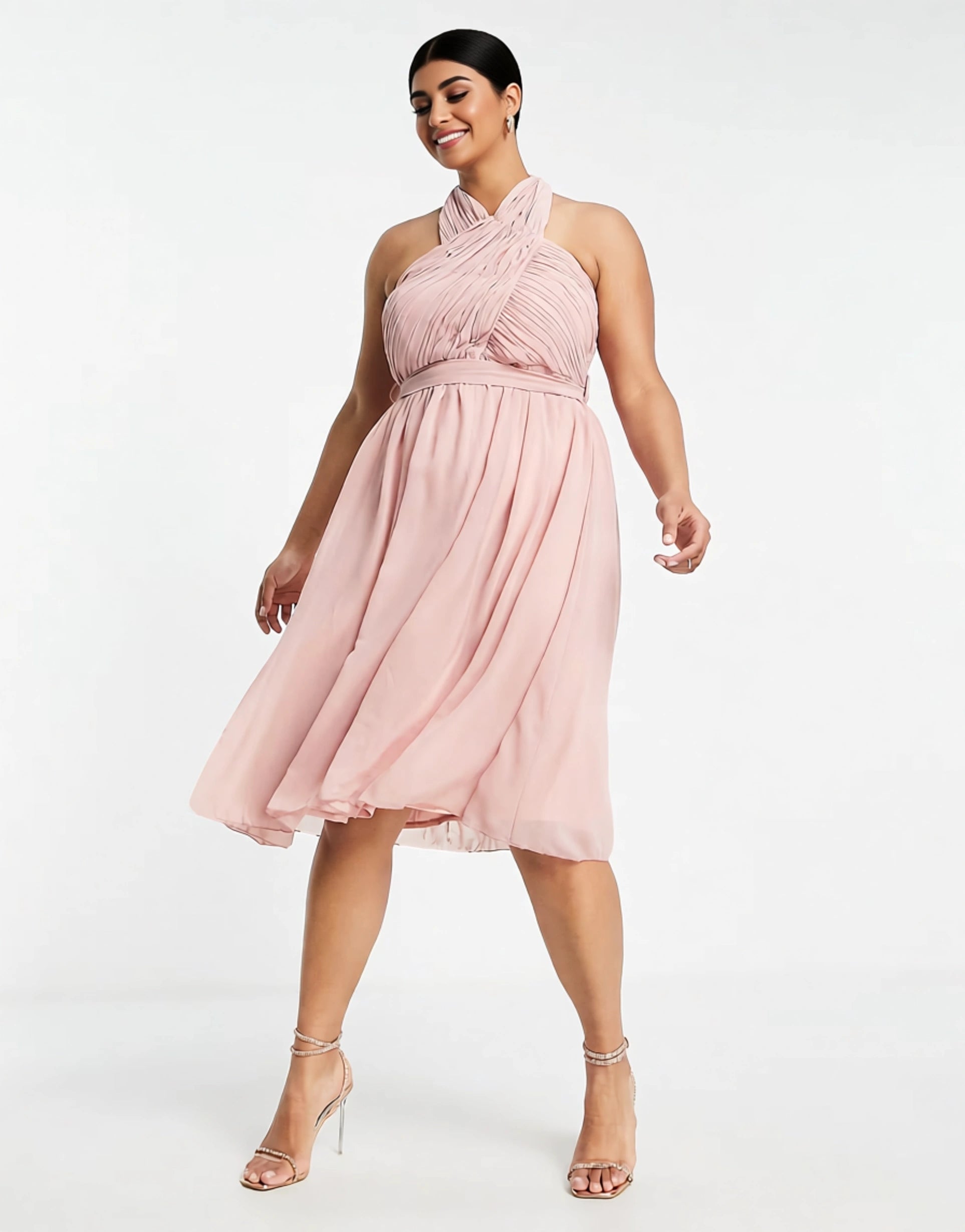 Little Mistress Plus Womens Bridesmaid Halter Neck Midi Dress in Dusty Rose