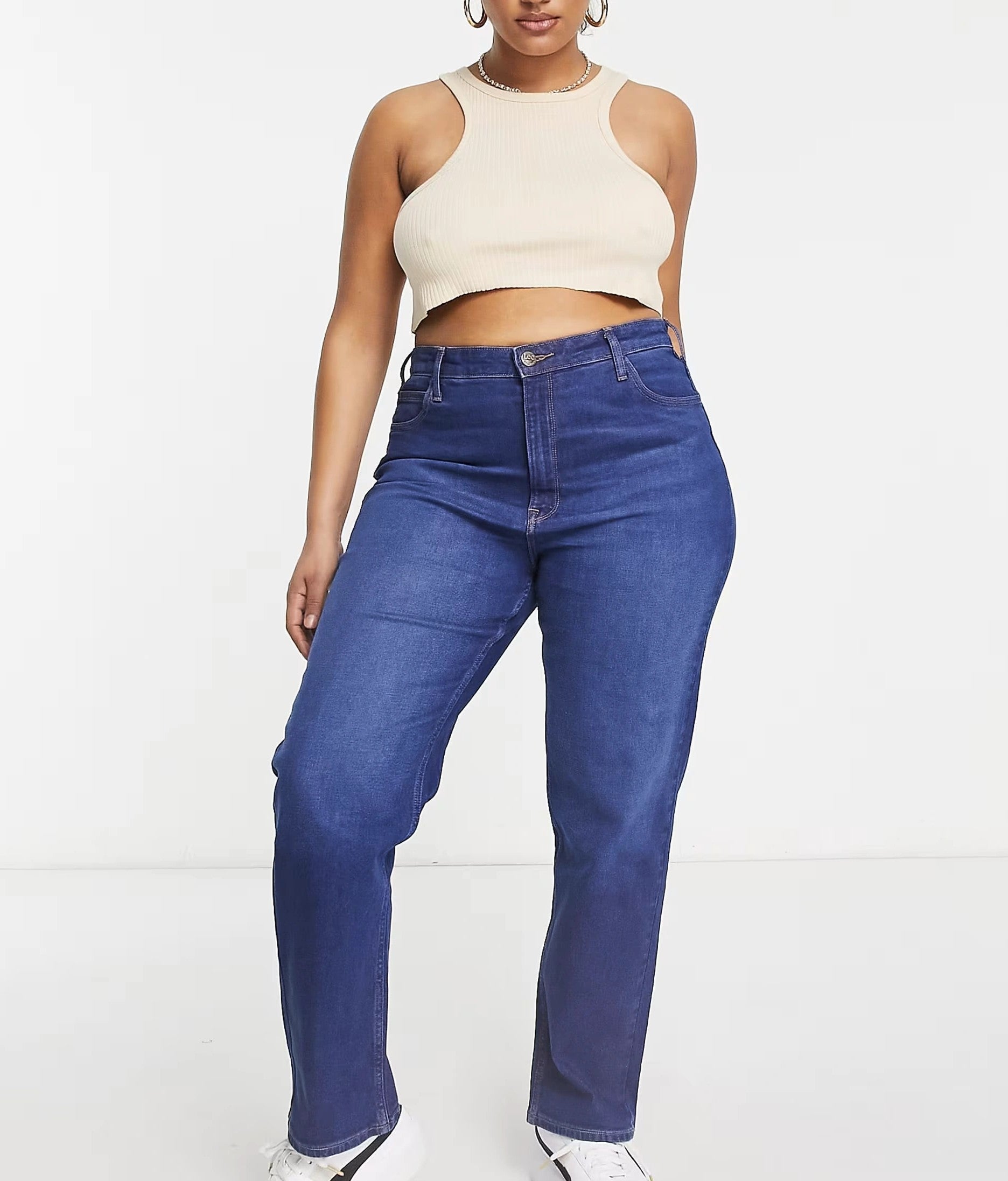 Lee Plus Womens High Rise Mom Jeans in Mid Blue Wash