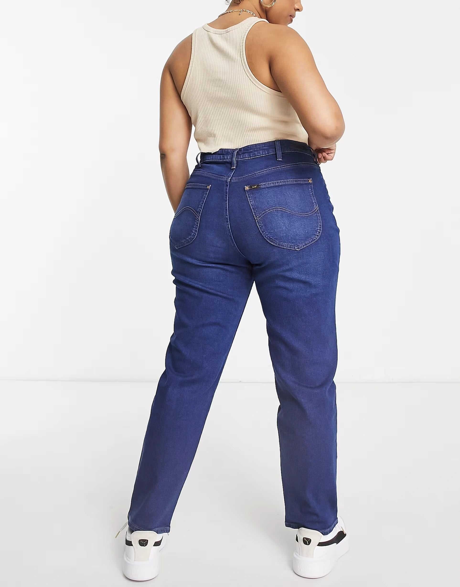 Lee Plus Womens High Rise Mom Jeans in Mid Blue Wash