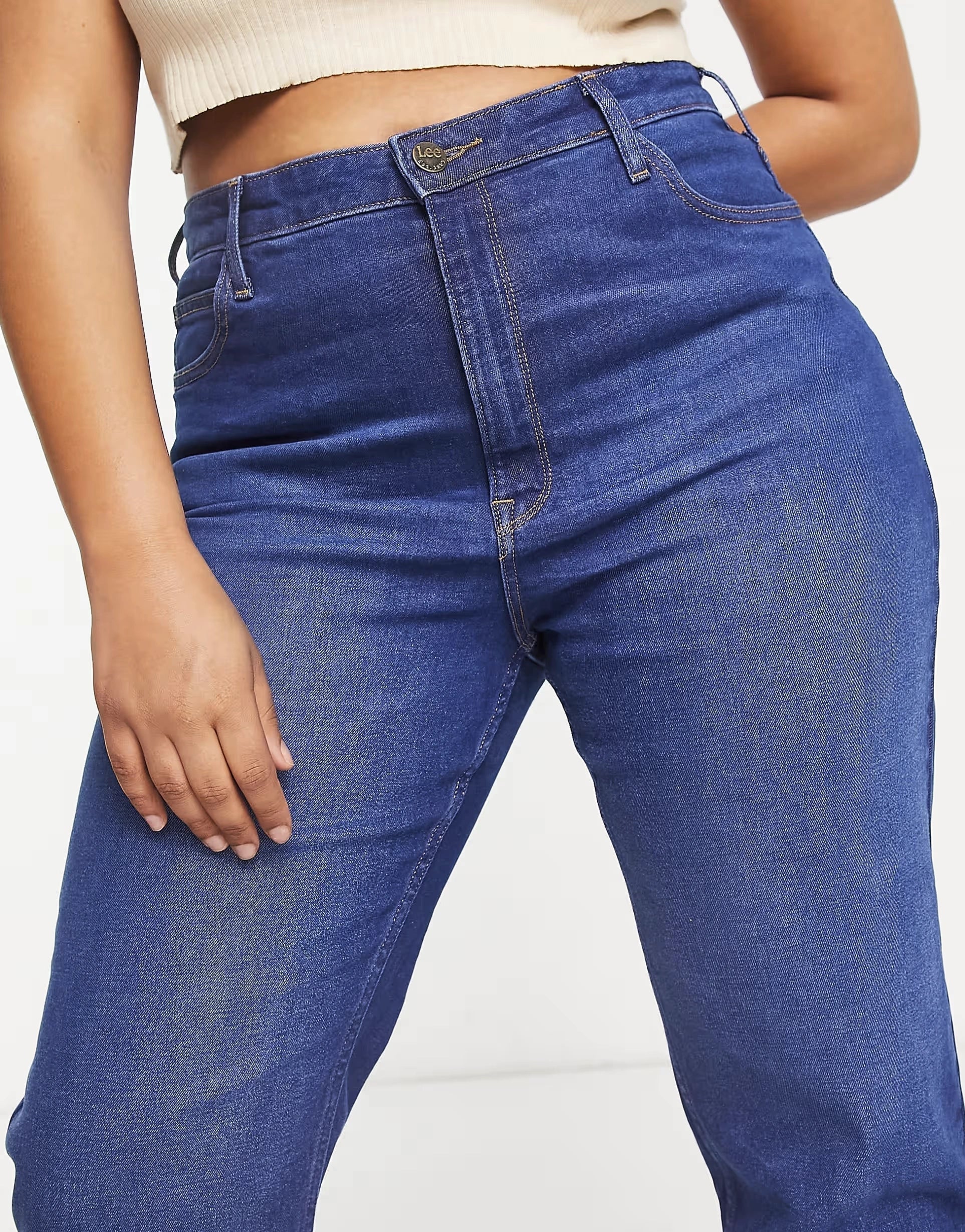 Lee Plus Womens High Rise Mom Jeans in Mid Blue Wash