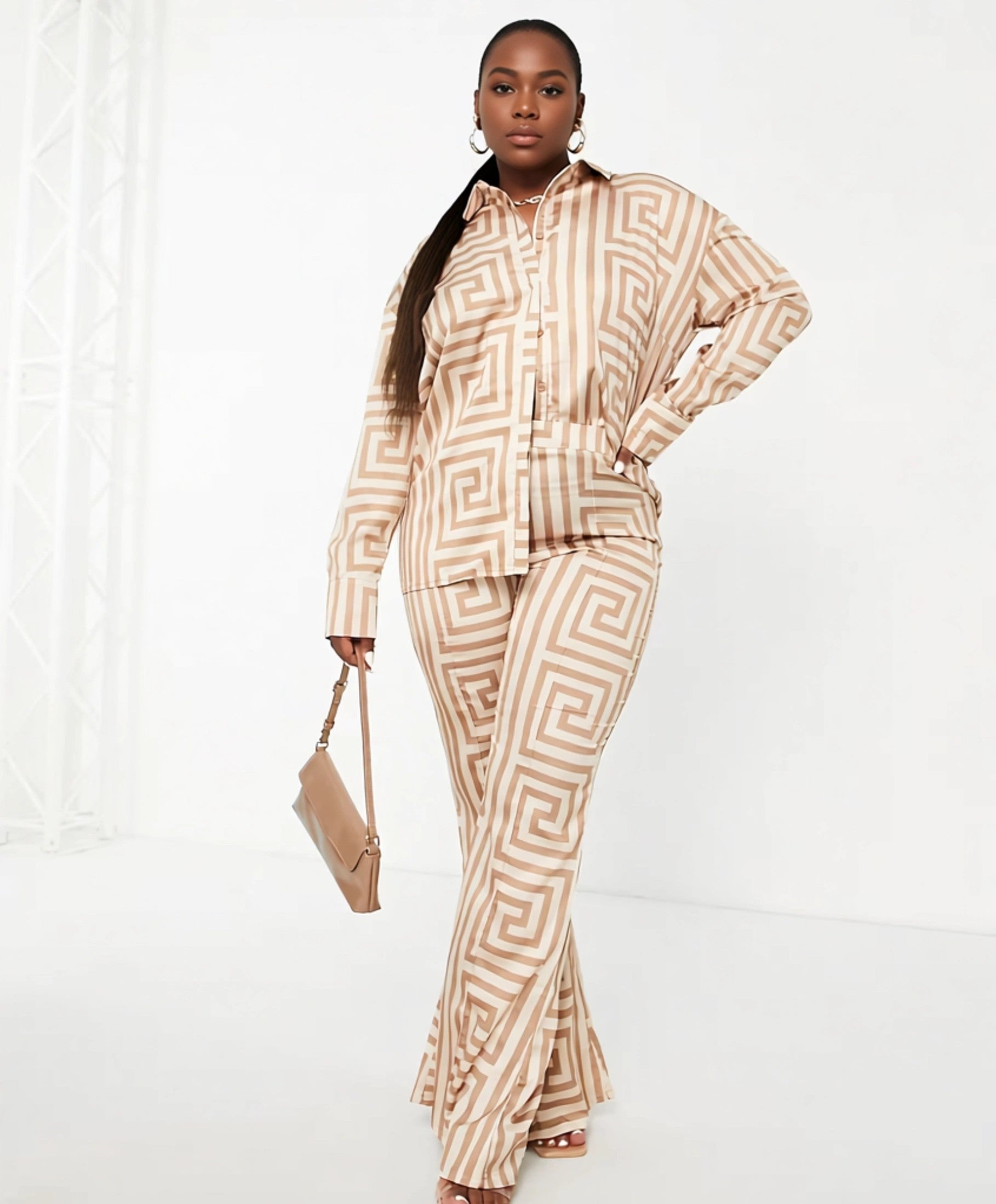 Public Desire Curve Womens Satin Printed Trouser Co Ord Suit in Brown