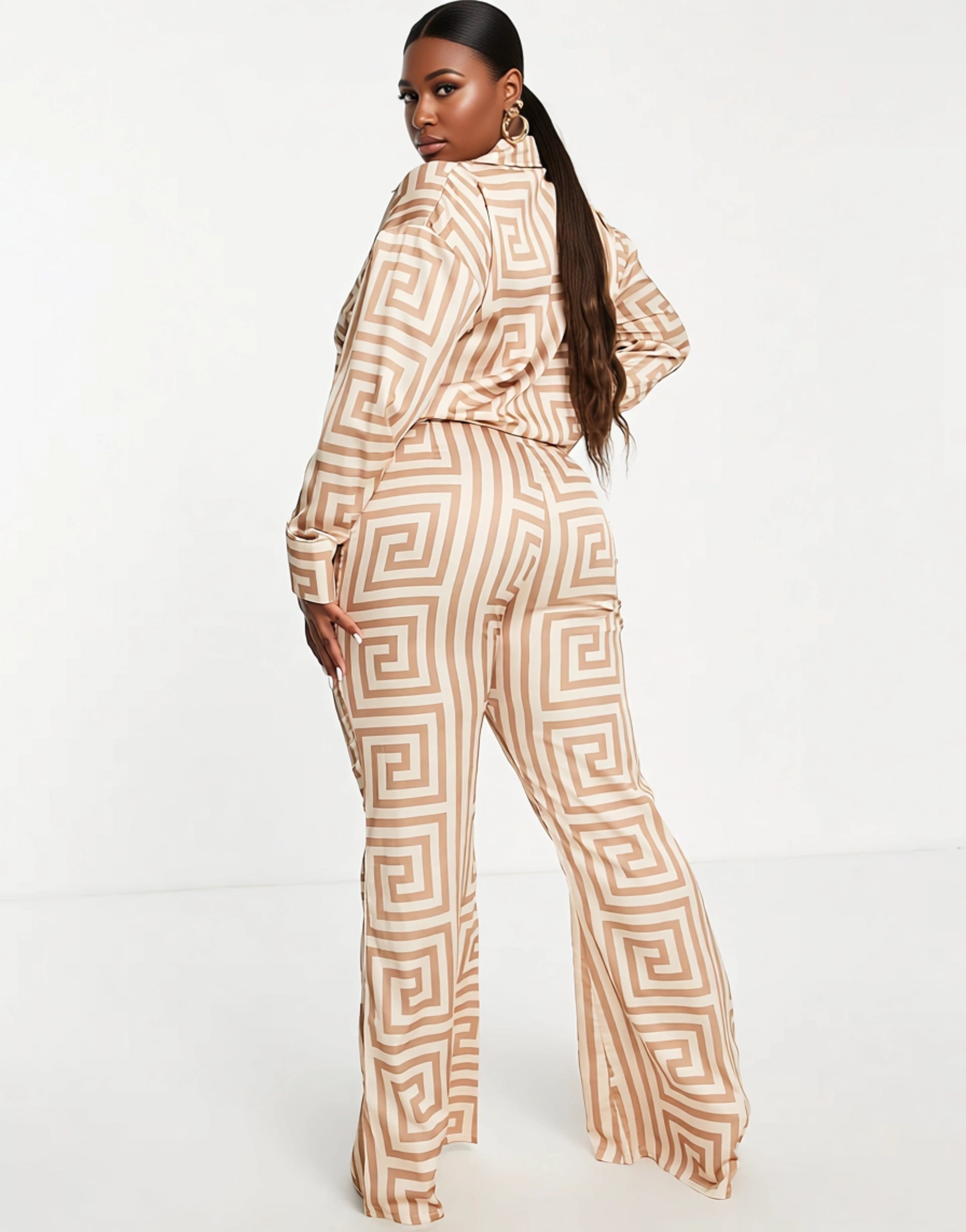 Public Desire Curve Womens Satin Printed Trouser Co Ord Suit in Brown