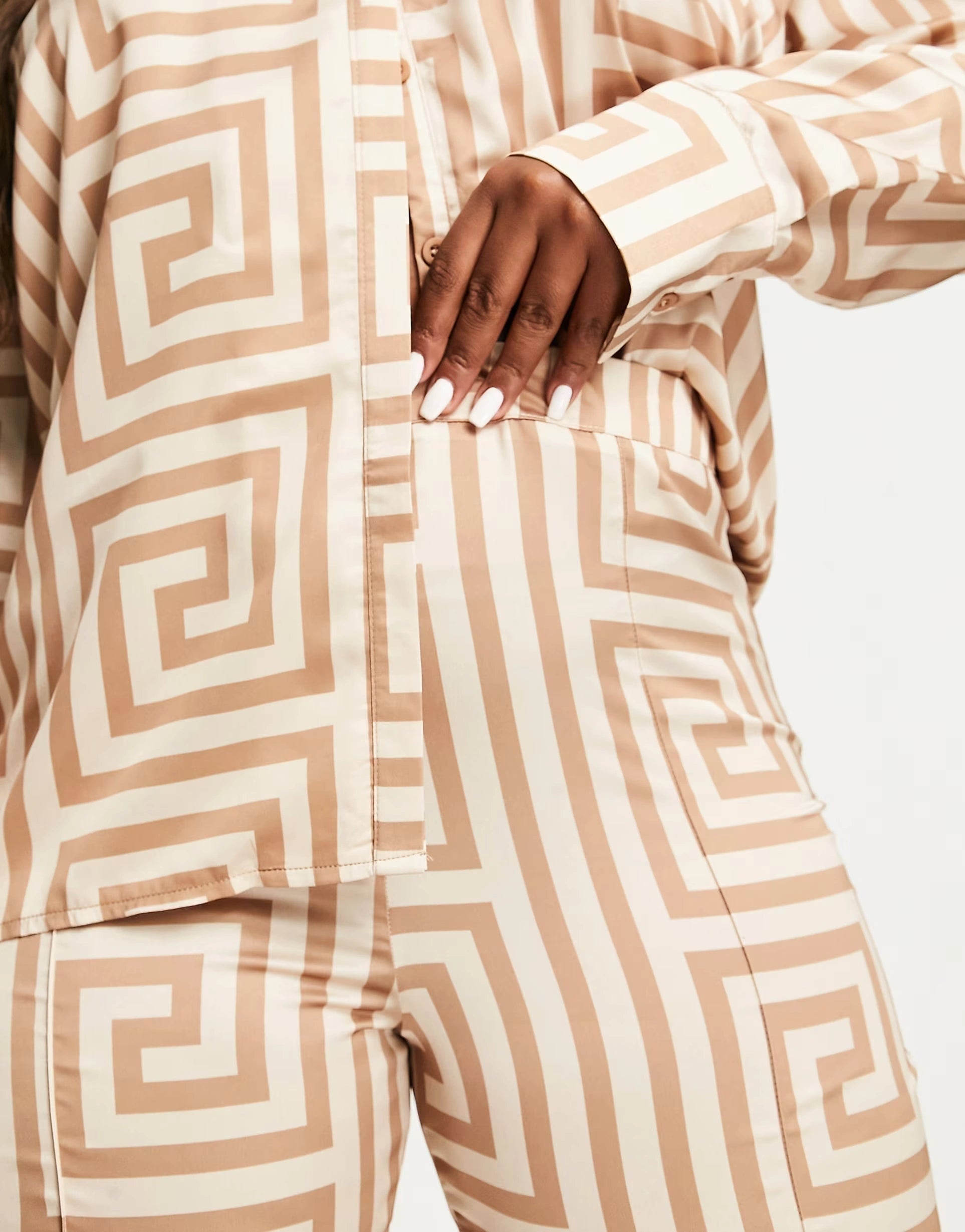 Public Desire Curve Womens Satin Printed Trouser Co Ord Suit in Brown