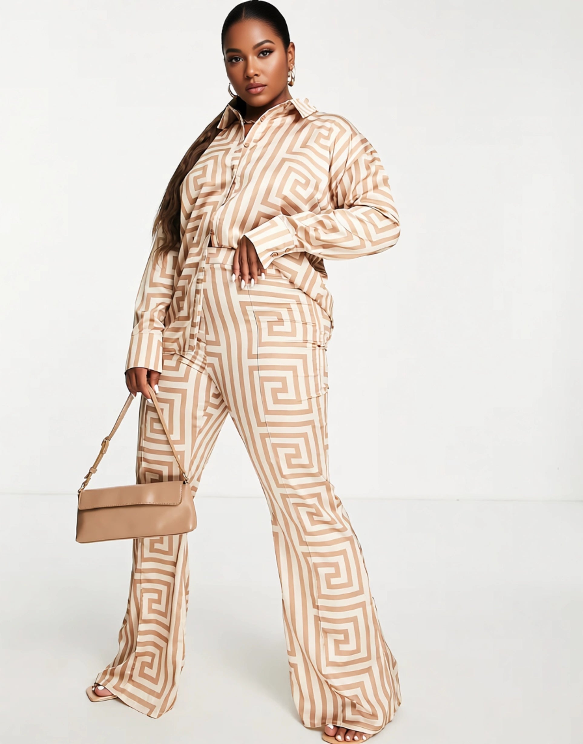 Public Desire Curve Womens Satin Printed Trouser Co Ord Suit in Brown