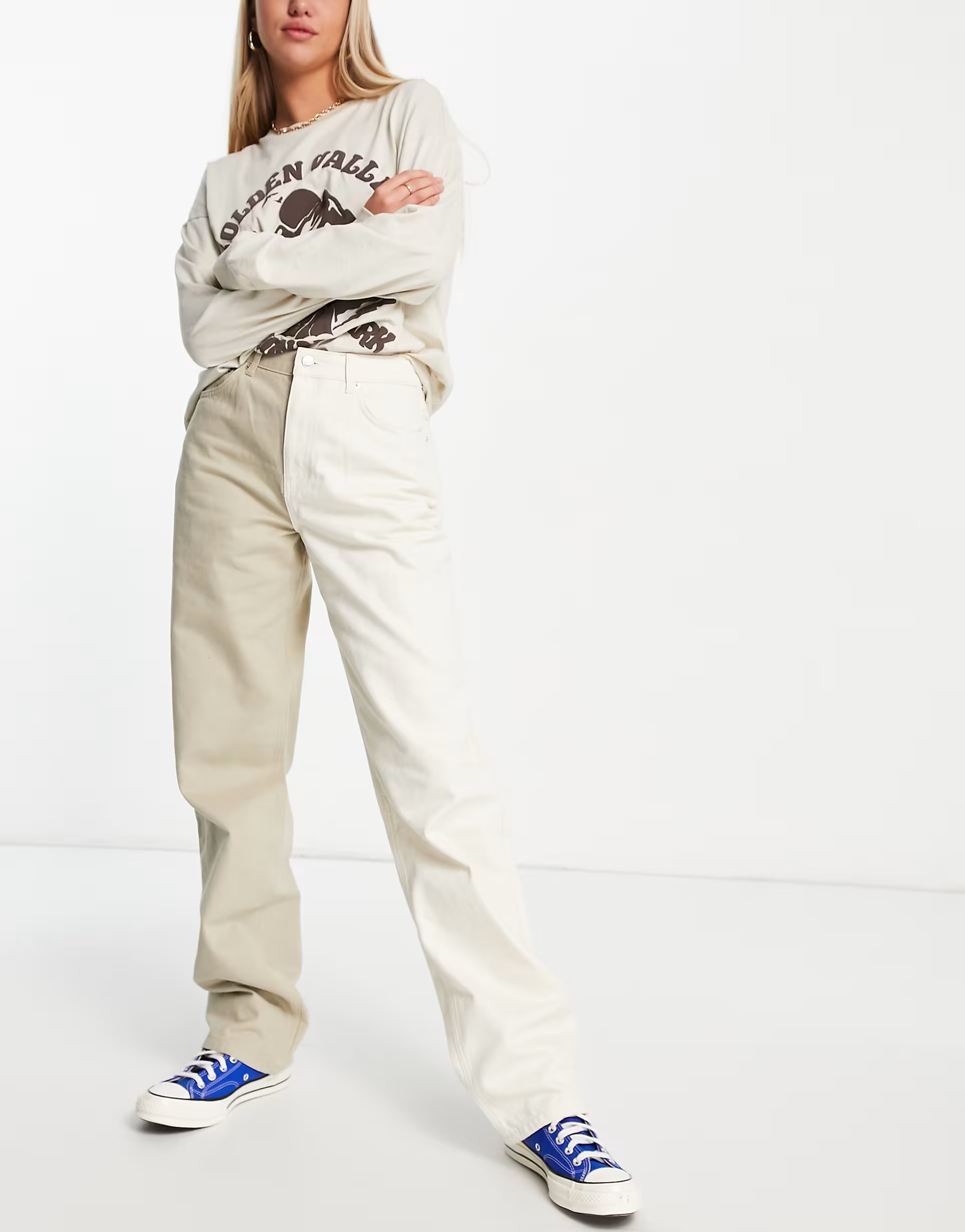 NA-KD X Josefine two tone straight leg jeans in beige