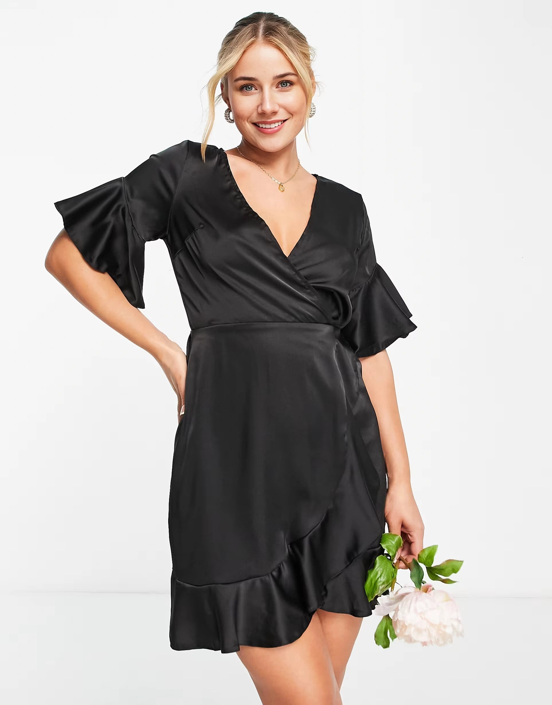 Ax Paris Womens Satin Ruffle Mini Dress In Black