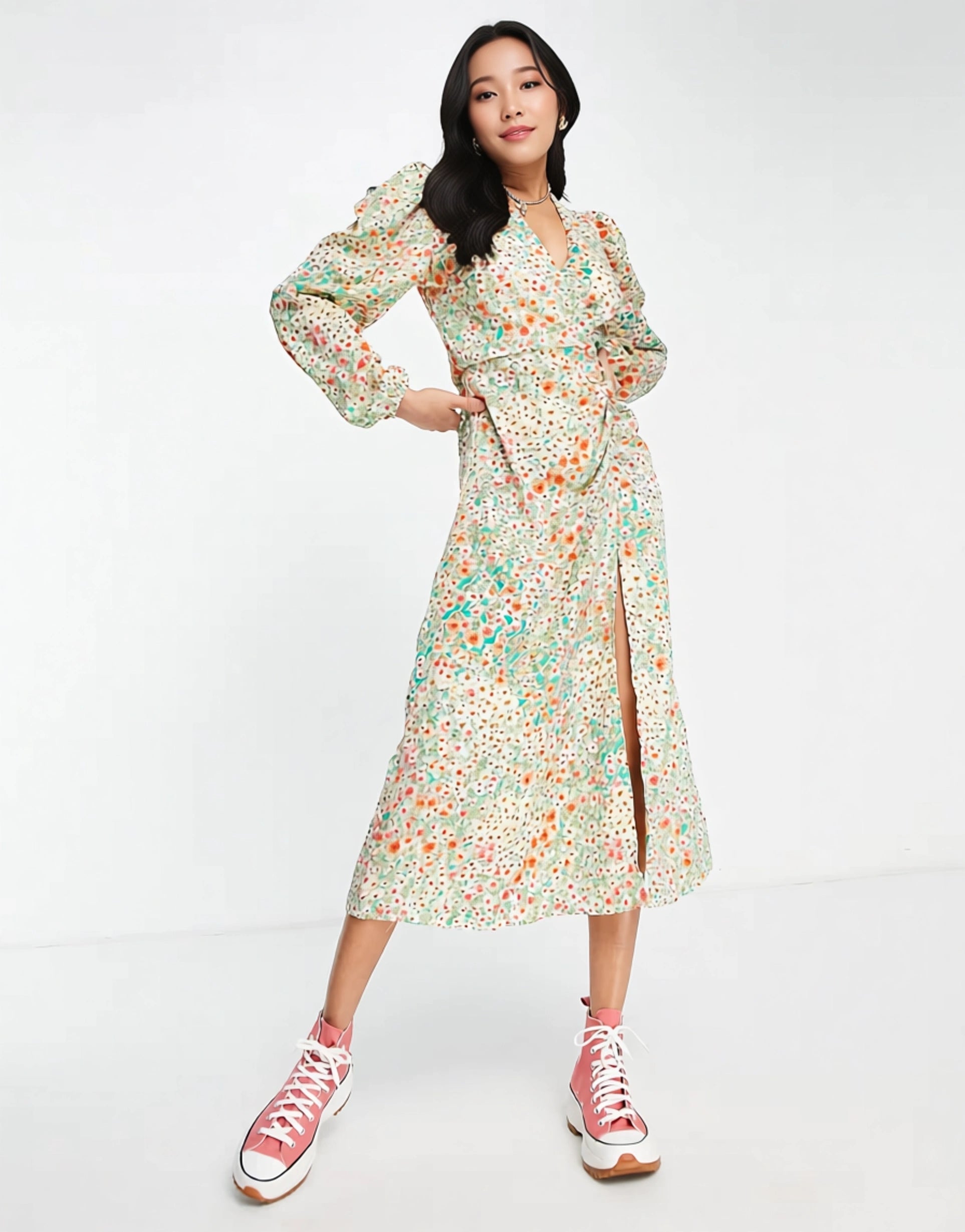 AX Paris Womens Midi Tea Dress With Ruched Front And Split in Floral