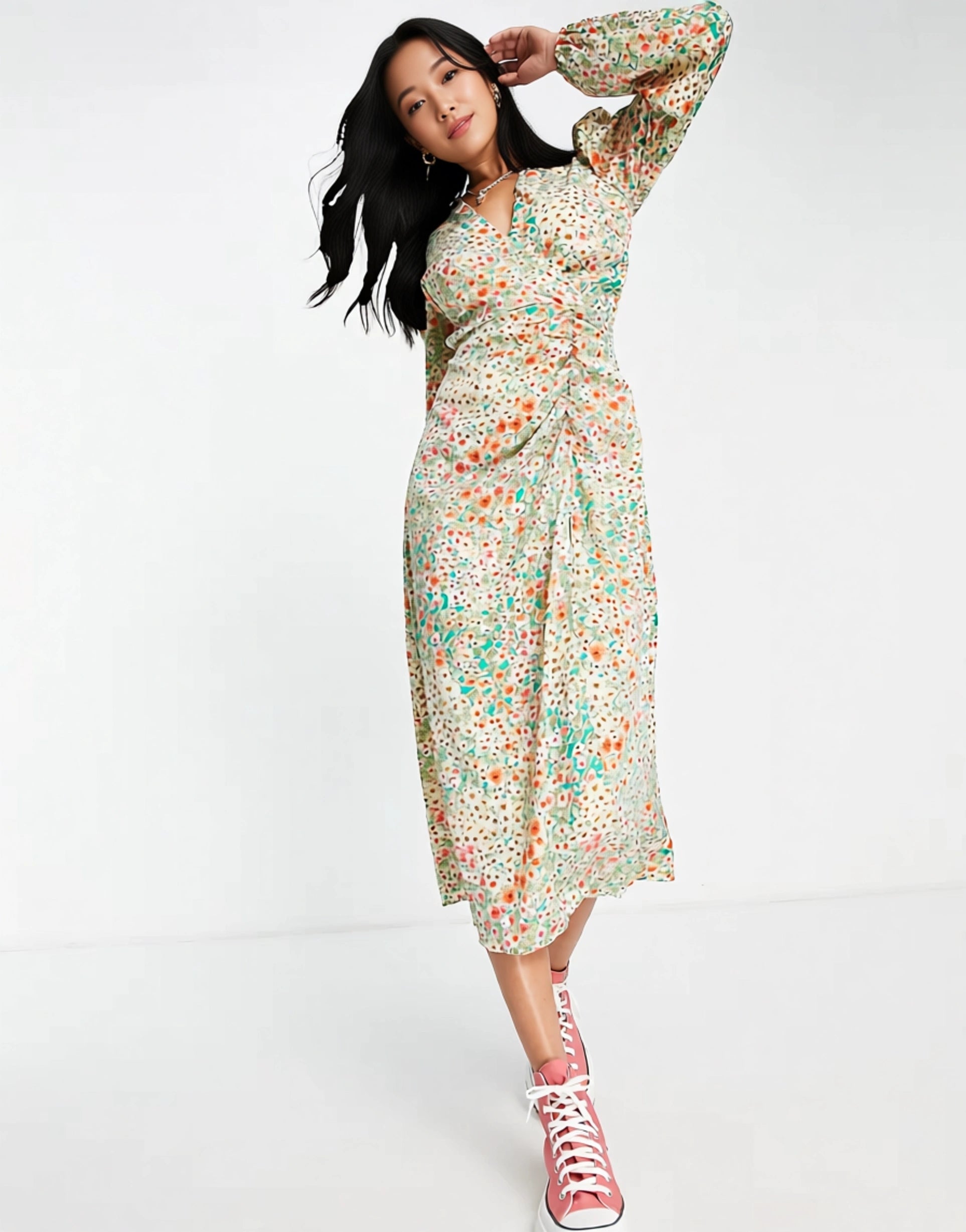 AX Paris Womens Midi Tea Dress With Ruched Front And Split in Floral